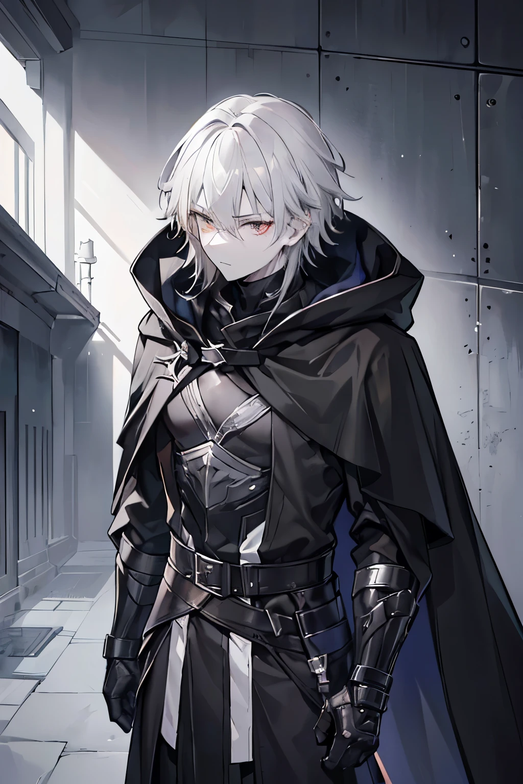 dark cloak, (male, boy, man, grey skin, grey hair, gray hair, silver hair, pale skin, gray skin), cat eyes, armor, dark armour, assasin, black clothes, black cloak, yellow eyes, predator eyes, black poncho, cloak over head, hidden guy, hidden in shadow, dark background, shadowborn, shadow guy, dark armor, (bandages through body, bandages in hand, bandages on torso, bandages, bandages on chest), mask, mask on mouth, (solo, masculine, adult man, hidden ears, cloaked, cloak), rogue, thief, thieves, rogues, criminal, wanted