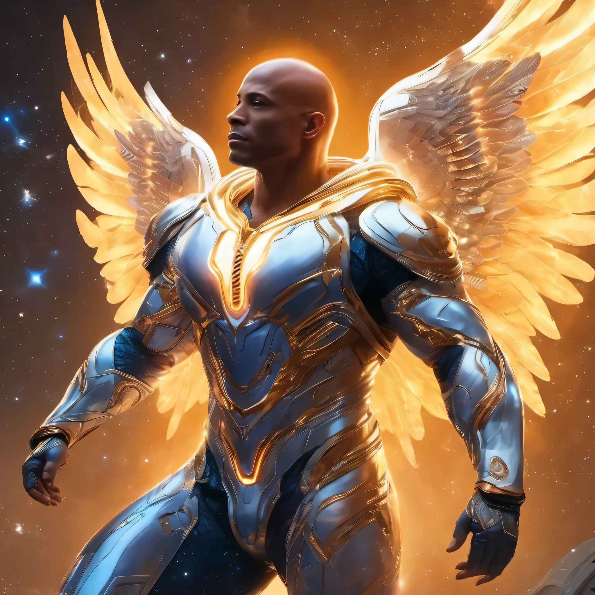 Powerful man, bald, bright glowing, spiritual, deity with wings, Levitates, underneath is a spacesuit with futuristic armor, even skin color, muscles detail 