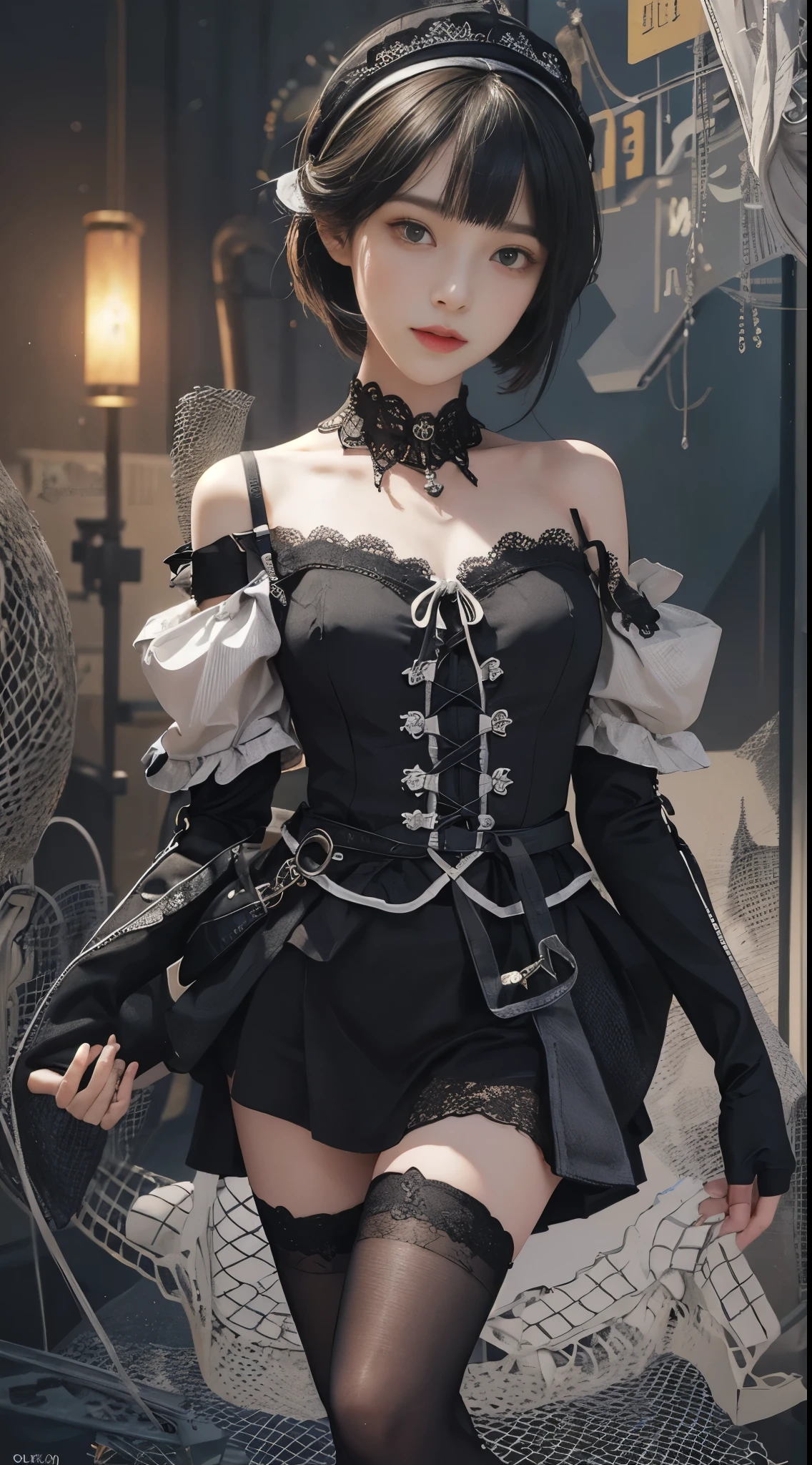 (((masterpiece, highest quality, Super detailed))), 1 female, (((very thin body))) , (((length, thin legs))), (((black short bob, thick fluffy bangs ))), (((highly detailed face))), No cosmetics, small and thin nose, thin mouth with small lips, (((Very sharp focused eyes))), Precise pale gray eyes with large slits, shine like a jewel, length eyelashes, ((Highly decorative intricate mechanical steampunk fashion, Lace Flare Mini Skirt, above the knee lace stockings, Lace Off Shoulder Lolita Fashion, Overly decorative fashion)), Abandoned Night, Complex mechanized steampunk factory catches fire and explodes, (((Overall accuracy has been dramatically improved, creating a Super detailed and realistic image))),  super realistic photos.