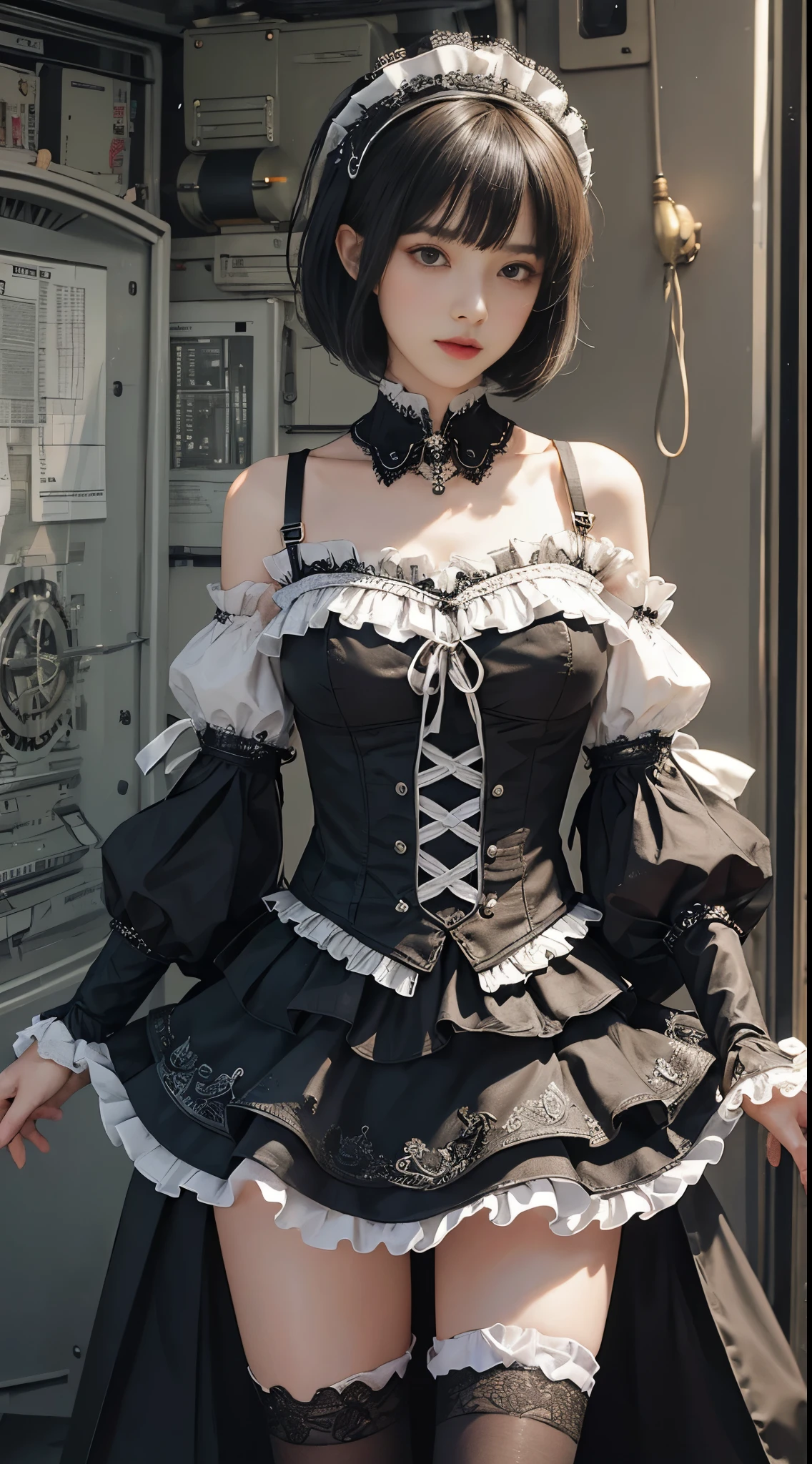 (((masterpiece, highest quality, Super detailed))), 1 female, (((very thin body))) , (((length, thin legs))), (((black short bob, thick fluffy bangs ))), (((highly detailed face))), No cosmetics, small and thin nose, thin mouth with small lips, (((Very sharp focused eyes))), Precise pale gray eyes with large slits, shine like a jewel, length eyelashes, ((Highly decorative intricate mechanical steampunk fashion, Lace Flare Mini Skirt, above the knee lace stockings, Lace Off Shoulder ta Fashion, Overly decorative fashion)), Abandoned Night, Complex mechanized steampunk factory catches fire and explodes, (((Overall accuracy has been dramatically improved, creating a Super detailed and realistic image))), super realistic photos.