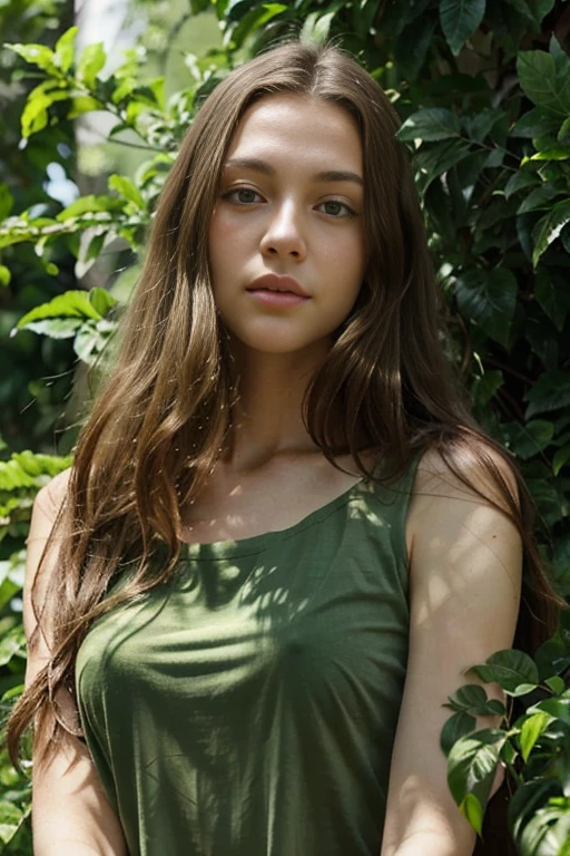 Caucasian female with green eyes, long hair wearing a green leafy top, surrounded by lush green foliage in the background
