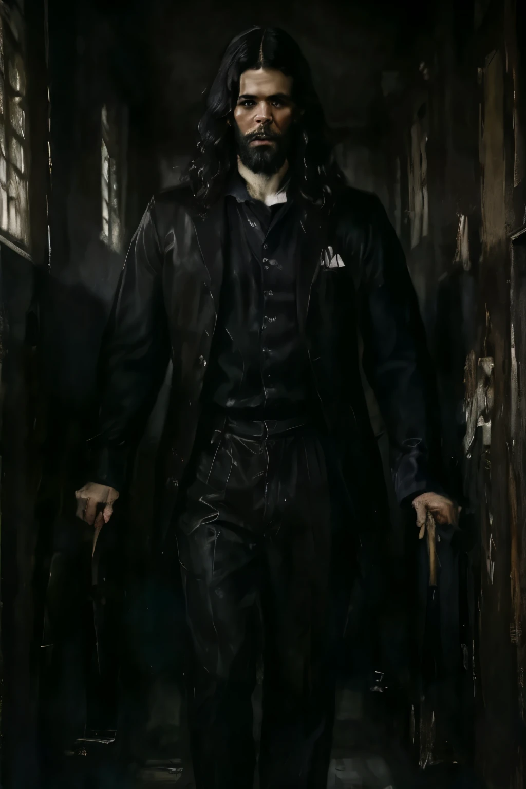 man, white skin color, picture painter, dark room, long black clothes, long black hair, blank black eyes, no beard, first person view, full body, dead color, death, horror, realism, hospital in background