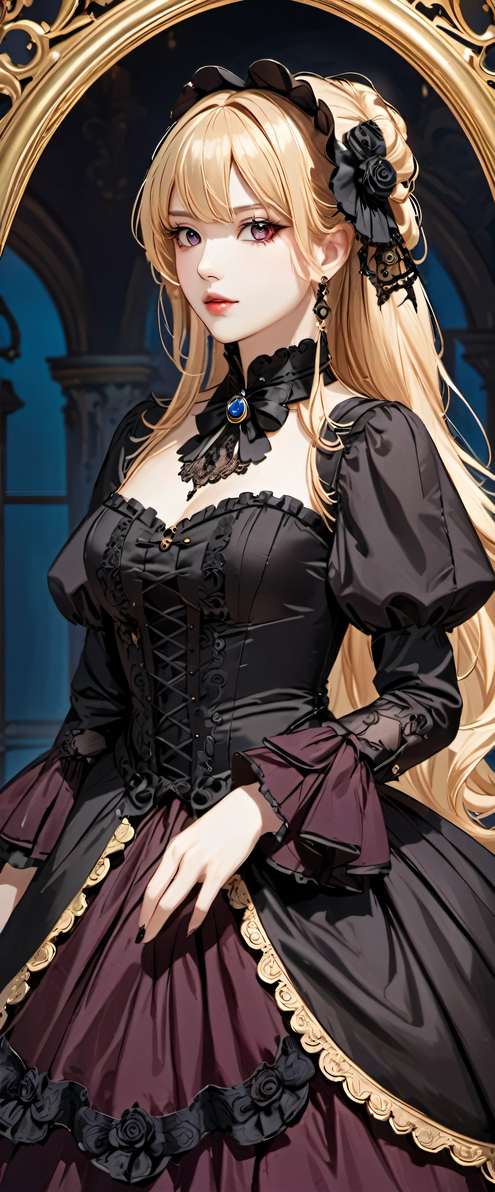 woman wearing dress and boots , baroque dress, Wearing an elaborate steampunk dress, elegant gothic princess, victorian gothic lolita fashion, historical baroque dress dark, black gothic lolita dress, fantasy style clothing, rococo dress, black rococo, fantasy costume, wearing a gothic dress, romantic dress, gothic dress,blonde,,(((upper body portrait)))