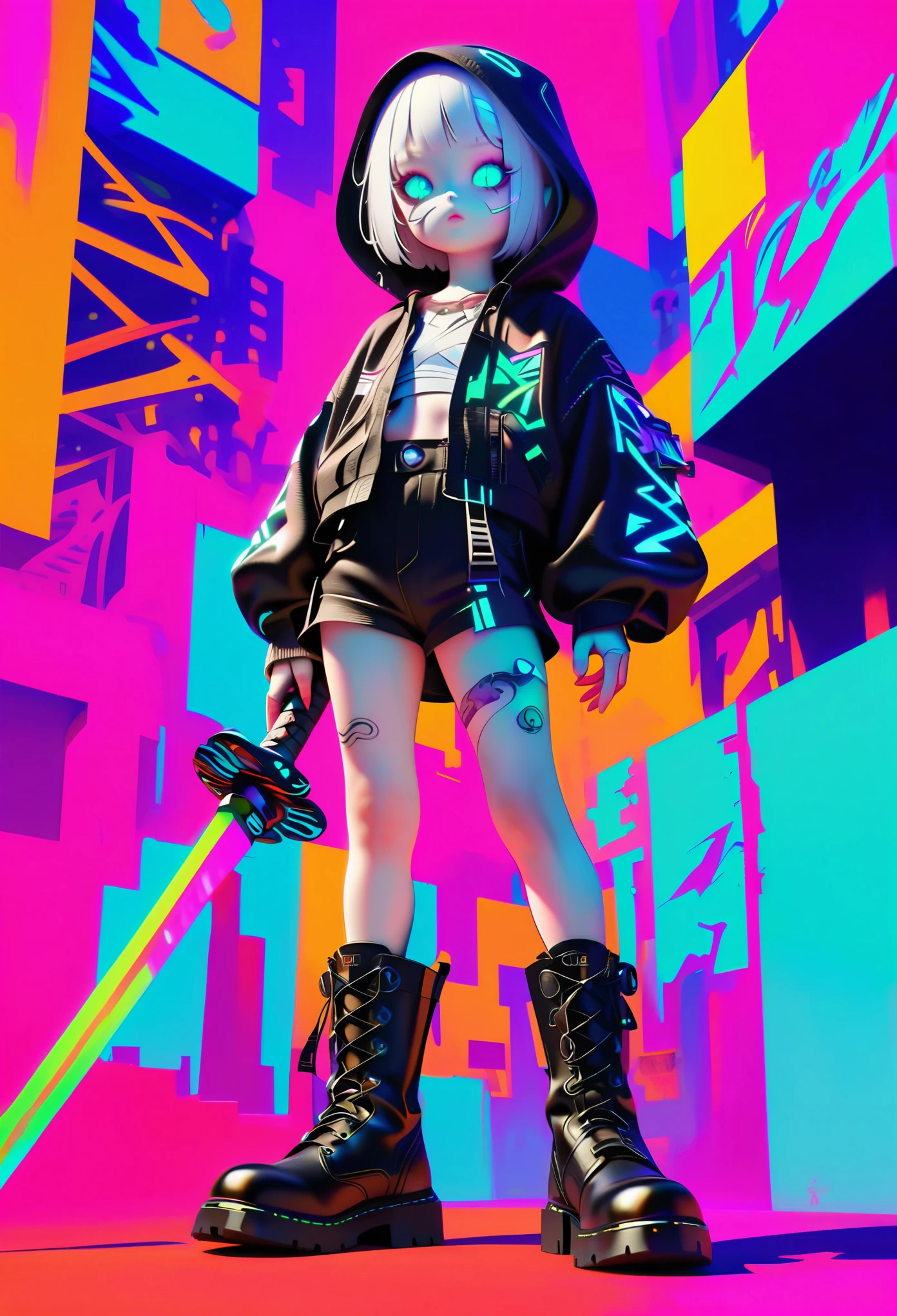 Style 3,Style 7,white hair，elder sister，Cyberpunk style gray hooded jacket，leather boots，Thermal Samurai Sword，Bandage underwear，Mechanical face line，Dark blue overall，Cool colors