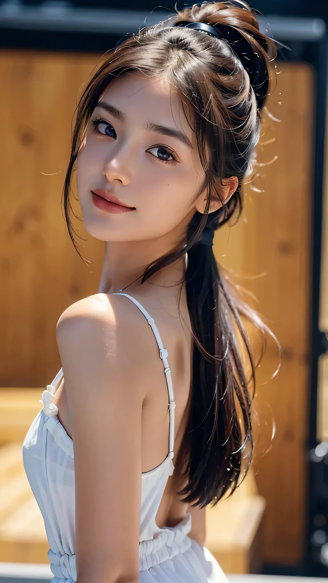dress,outdoors,Urban Park,On the lawn,One woman,close up face,fully body photo,masutepiece, The highest image quality, High quality, the background is clear,Beautiful woman, Japanese, Detailed, Ultra-detailed, finely detail, hight resolution, 8K Wallpaper, Perfect dynamic composition, Beautiful detailed eyes ,Detailed eyes, Detailed skin, Beautiful skin, 超hight resolution, (reality: 1.4),Very beautiful woman, Slightly younger face, Beautiful skin, slender, (Ultra photo realsisim), (hight resolution), (8K), (Very detailed) (beautifully detailed eyes), (super detailed), (Detailed face), view the viewer, Fine details, Detailed face, Staring straight ahead, Staring straight ahead, photos realistic, Bright lighting, Professional Lighting, Black hair,poneyTail,a baby face,,Hairstyle: ponytail,Long ponytail hairstyle,slight smile,