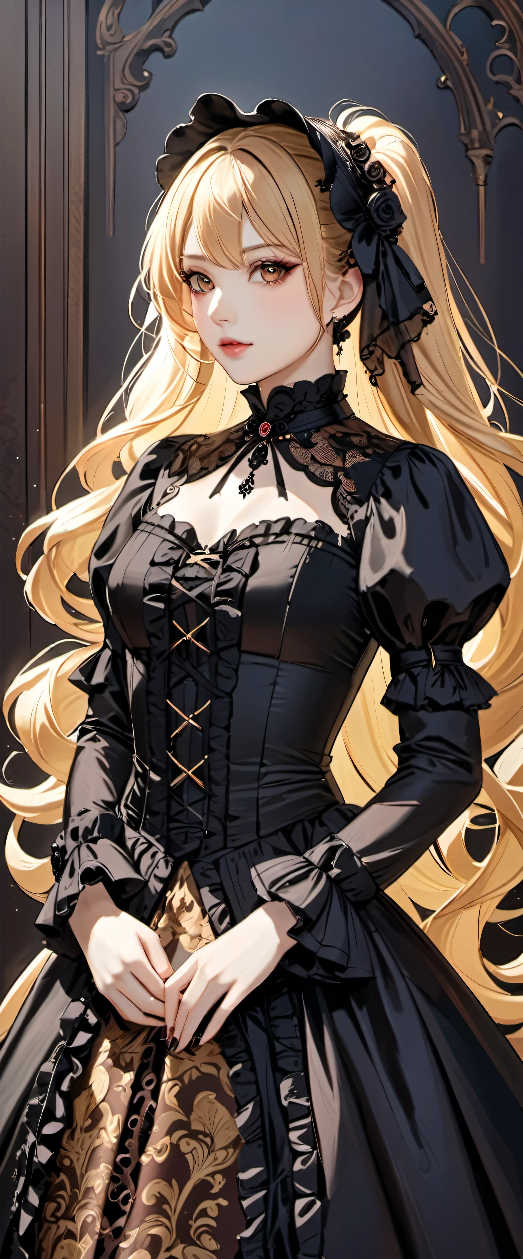 woman wearing dress and boots , baroque dress, Wearing an elaborate steampunk dress, elegant gothic princess, victorian gothic ta fashion, historical baroque dress dark, black gothic loliress, fantasy style clothing, rococo dress, black rococo, fantasy costume, wearing a gothic dress, romantic dress, gothic dress,blonde,,(((upper body portrait)))