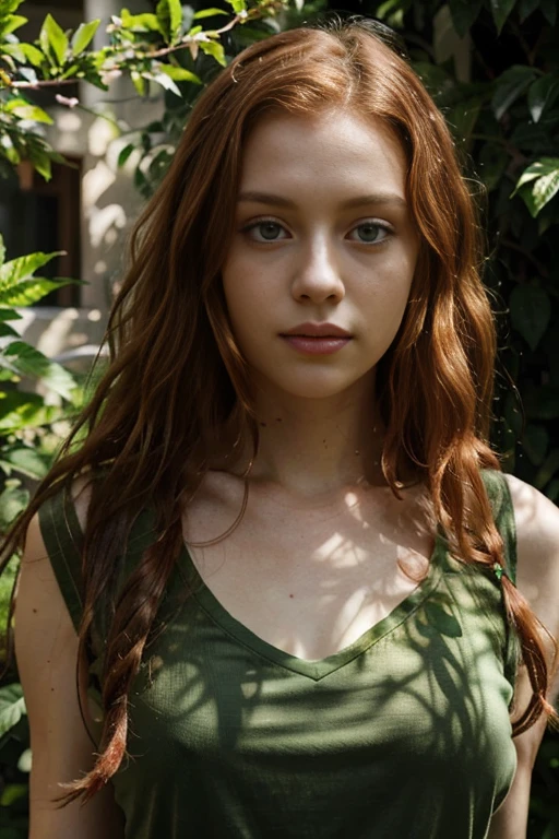 Caucasian female with green eyes, long wavy red hair, wearing a green leafy top, surrounded by lush green foliage in the background