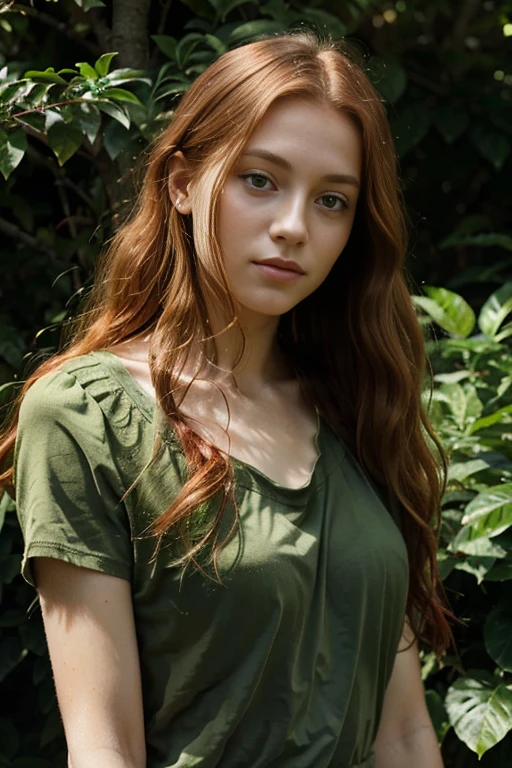 Caucasian female with green eyes, long wavy red hair, wearing a green leafy top, surrounded by lush green foliage in the background
