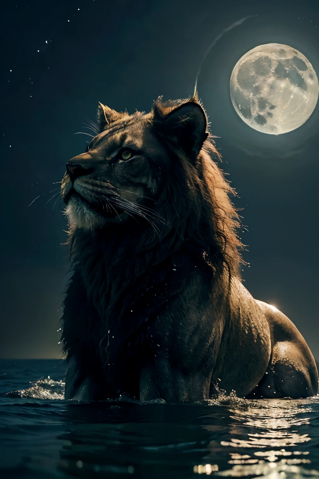 ((highest quality)), ((masterpiece)), (be familiar with), fantasy,mysterious,floating on the sea at night、CG quality、foggy、Japan taste、A photo of a monster that combines a cat and the moon、The monster looks like a beautiful lion。
