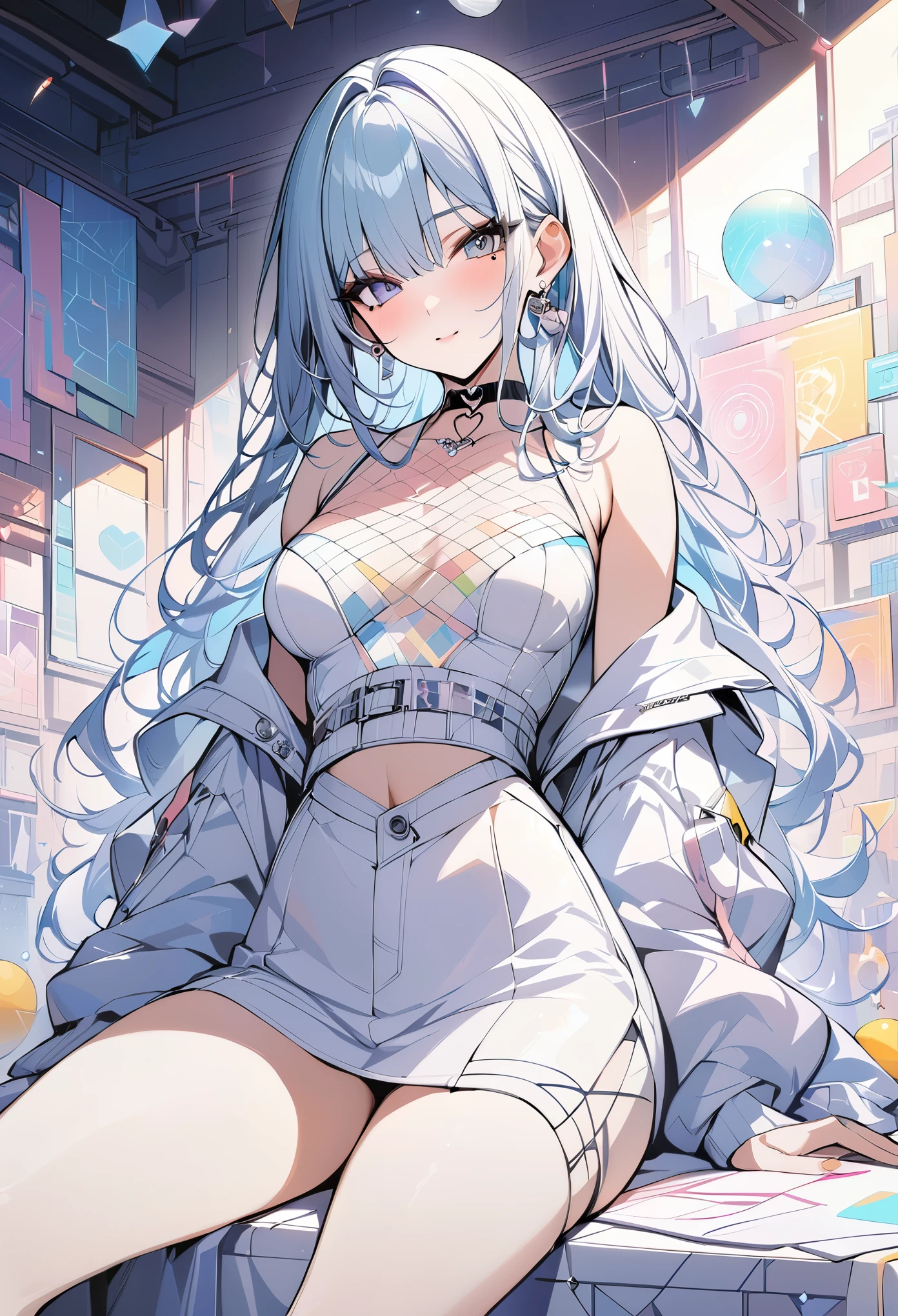 ,beautiful flower々),mole under eye, heart shaped choker, (masterpiece, highest quality), official art, beautiful and aesthetic: 1.2), (1 girl), very detailed, (geometry art: 1.3), colorful