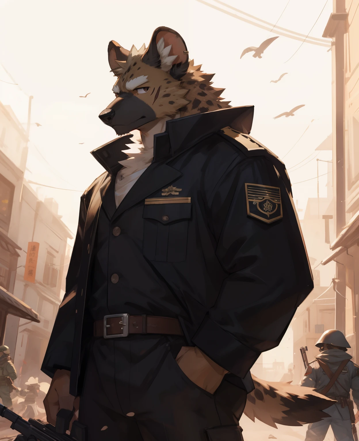 de尾巴ed anatomy, Humanity((dramatic))epic, dynamic poses, a scene from the movie,On the war zone 极端的视角与强大的构图, ((Brown and black鬣狗| Brown and black | black eyes)), male, alone, Kanno, Muscular plump，Short height, tailed eyes, cozy，((No ornaments，Wearing an unzipped body armor，Wearing military pants), Exposes upper body skin，The action is exaggerated，flexible，Dodge gun line，There are a few scars on the upper body, Gun in hand，On the war zone, brave，Serious，hyena tail ，War-torn，external，by bebebebebe, by zackary911