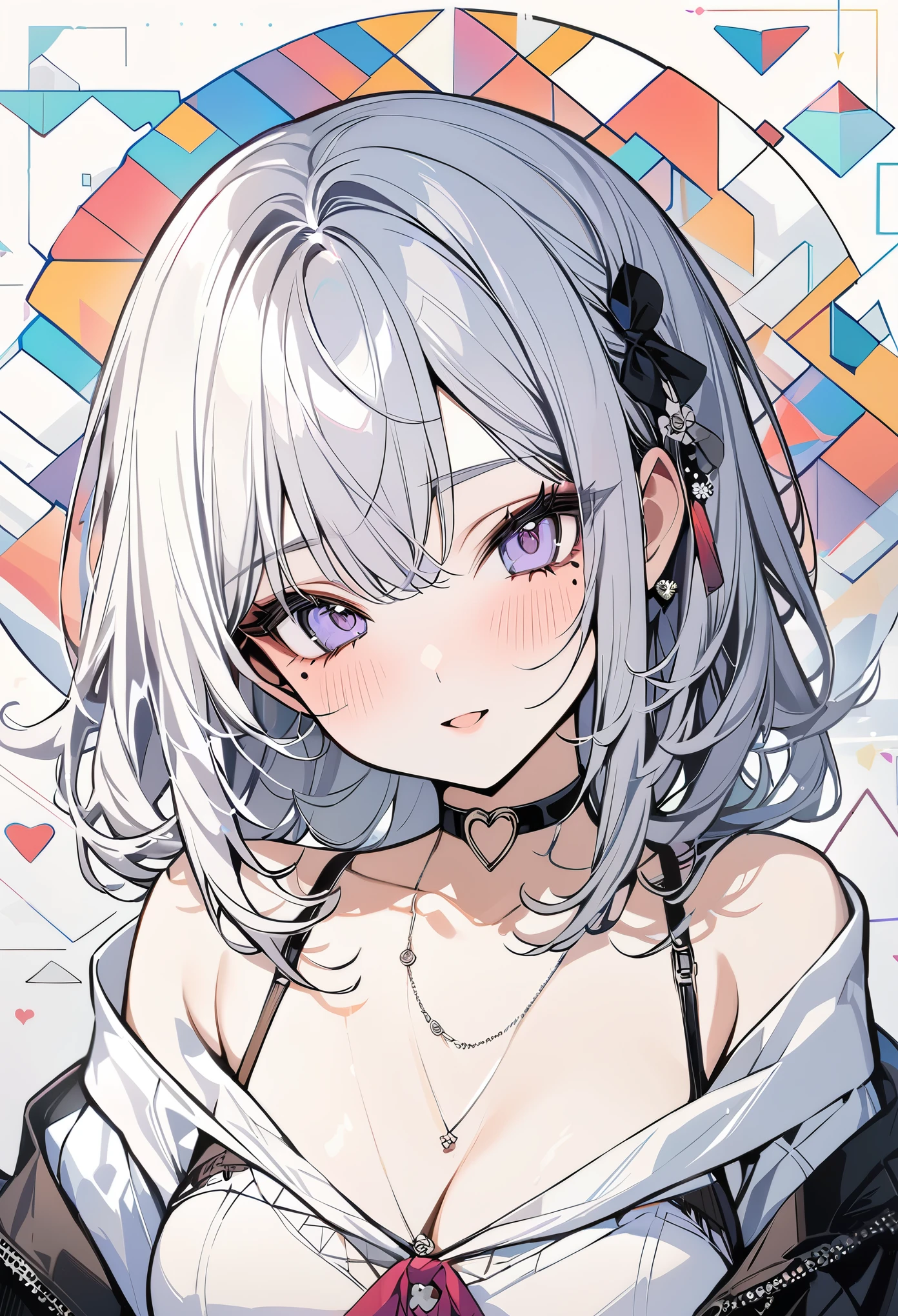,beautiful flower々),mole under eye, heart shaped choker, (masterpiece, highest quality), official art, beautiful and aesthetic: 1.2), (1 girl), very detailed, (geometry art: 1.3), colorful