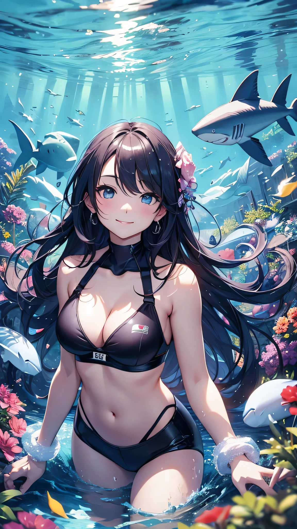 最high quality、best image quality、masterpiece、girl((20-year-old、 By becoming、vest bust、medium bust,wide open breast tea、shining eyes, Water feathers、long hair、thin,highest valley、blue sports bra、blue sports pants,diamond earrings、Wristband、black gloves、swimming、Ocean、smile、smile、swimming motion)),high quality、beautiful art、background((深Ocean、Ocean、shark、))、Flight、debris flies、Depth of written boundary、movie、visual art、perfect art、8K,genuine、Oceanアート、anime style