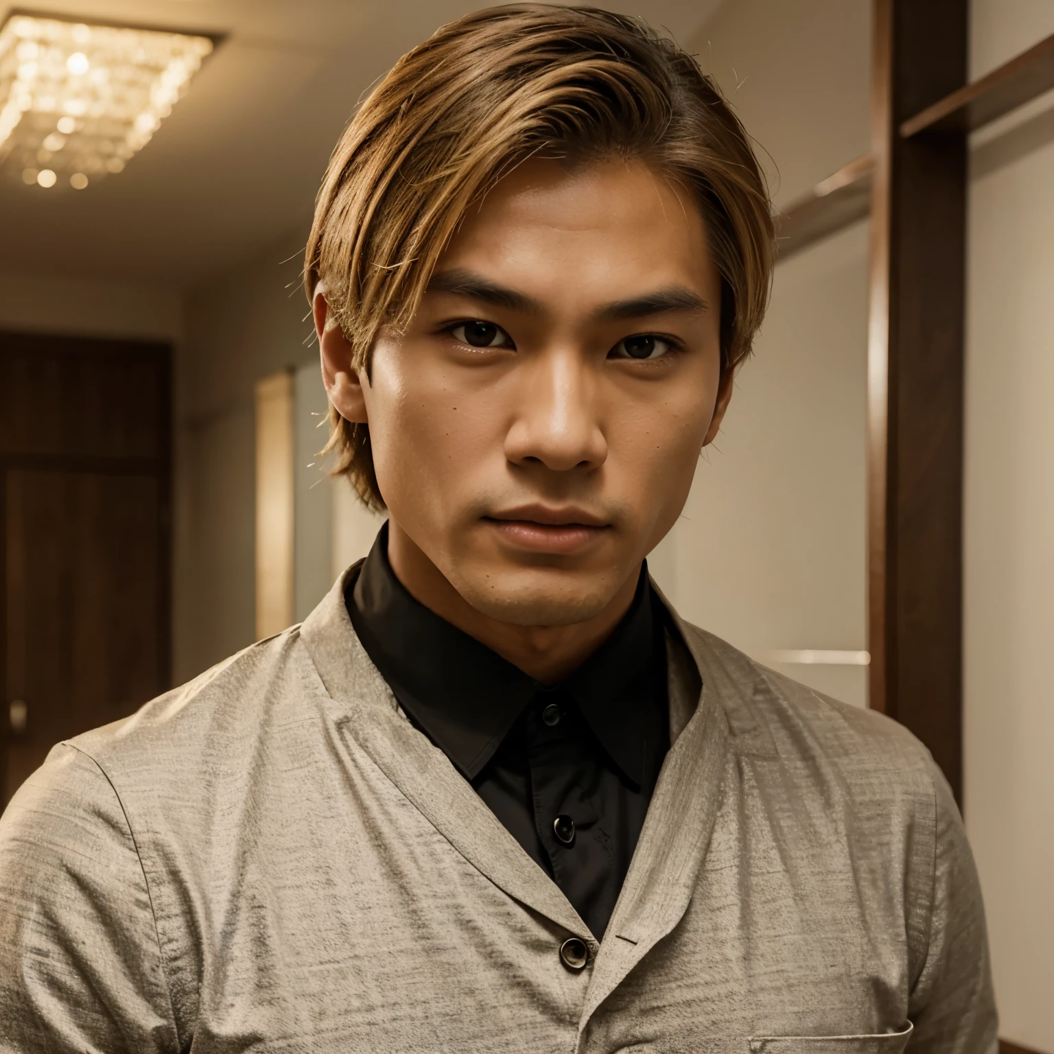 A asian man , blonde hair , suitable skin colour, cheek bone , jawline, symmetrical face ,old money fashion , best resolution , realistic, model , athletic body, tall
