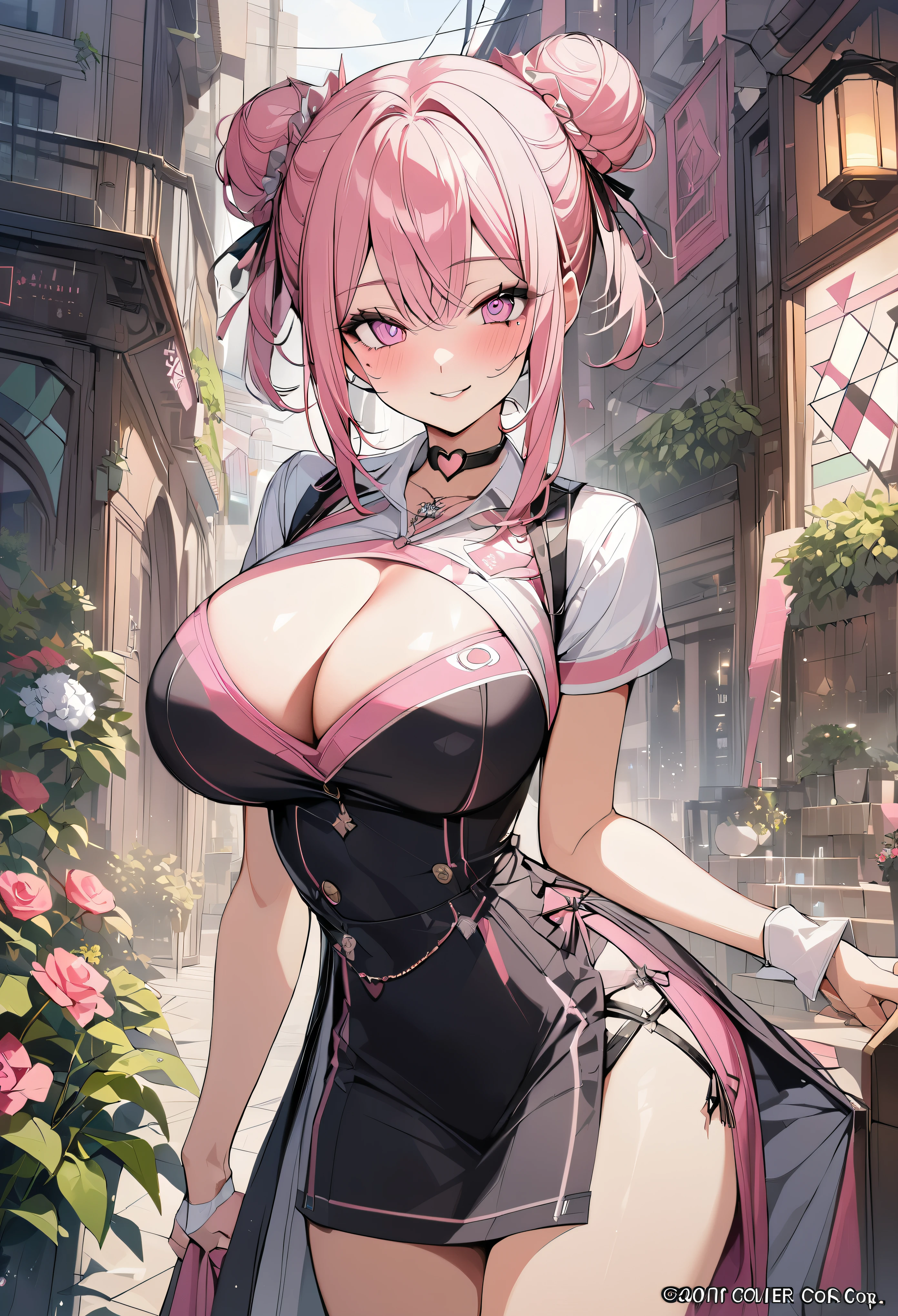 1 girl, pink long bun hair, heart shaped eyes, ♡, big breasts, Stewardess clothes, {girl with pink long bun hair named Nami}, (Pink eye color), {downtown}, (smile), bright background , mole under eye, heart shaped choker, (masterpiece, highest quality), very detailed, highest quality, official art, beautiful and aesthetic: 1.2), (1 girl), very detailed, (geometry art: 1.3), colorful, most detailed ?d1 girl, pink long bun hair, Eye of the symbol, +__+, big breasts, gothic costume, {A girl with long pink bun hair named Nami}, (Pink eye color), {downtown}, (smile), bright background, (garden,beautiful flower々),mole under eye, heart shaped choker, (masterpiece, highest quality), official art, beautiful and aesthetic: 1.2), (1 girl), very detailed, (geometry art: 1.3), colorful