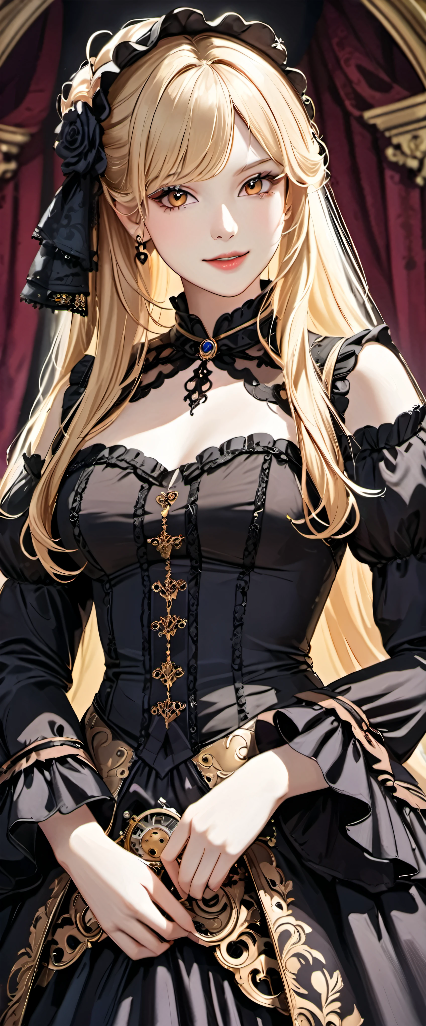 woman wearing dress and boots , baroque dress, Wearing an elaborate steampunk dress, elegant gothic princess, victorian gothic ta fashion, historical baroque dress dark, black gothic loliress, fantasy style clothing, rococo dress, black rococo, fantasy costume, wearing a gothic dress, romantic dress, gothic dress,blonde,,(((upper body portrait)))smile