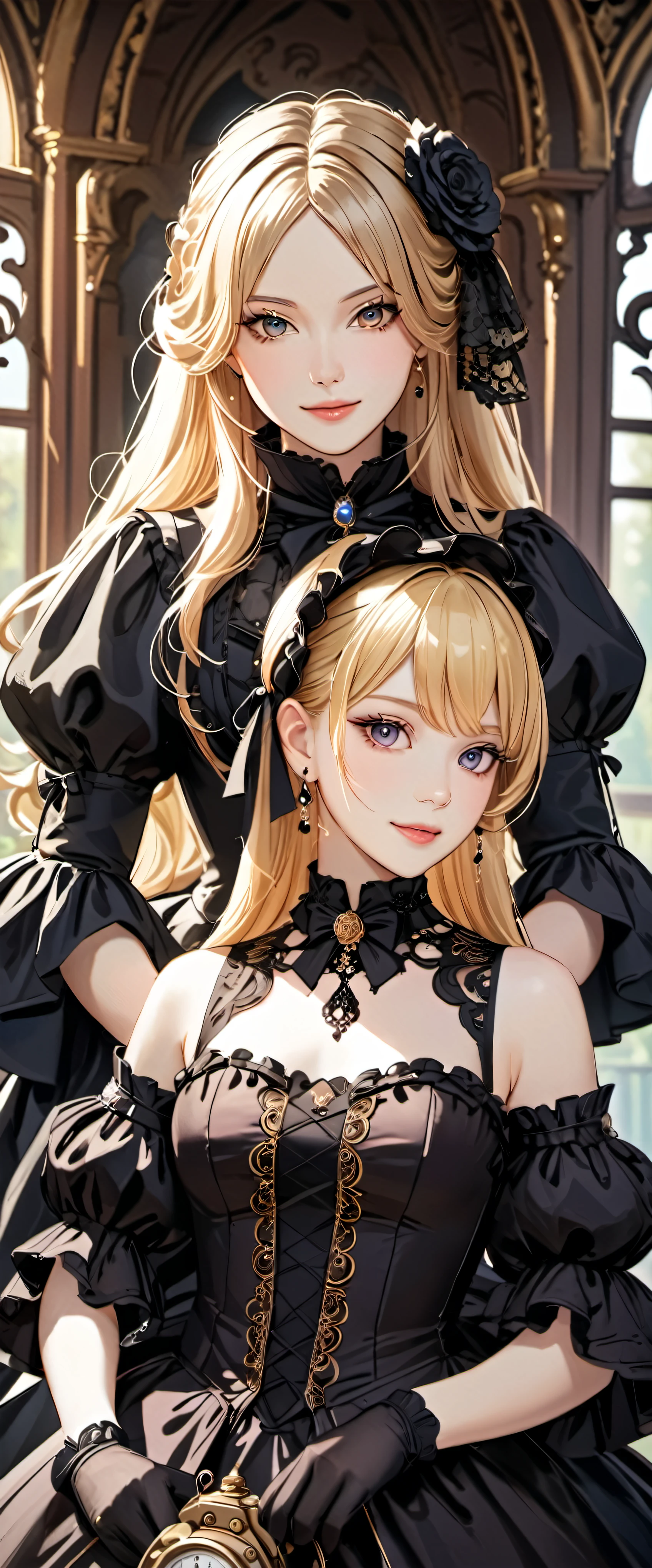 woman wearing dress and boots , baroque dress, Wearing an elaborate steampunk dress, elegant gothic princess, victorian gothic ta fashion, historical baroque dress dark, black gothic loliress, fantasy style clothing, rococo dress, black rococo, fantasy costume, wearing a gothic dress, romantic dress, gothic dress,blonde,,(((upper body portrait)))smile