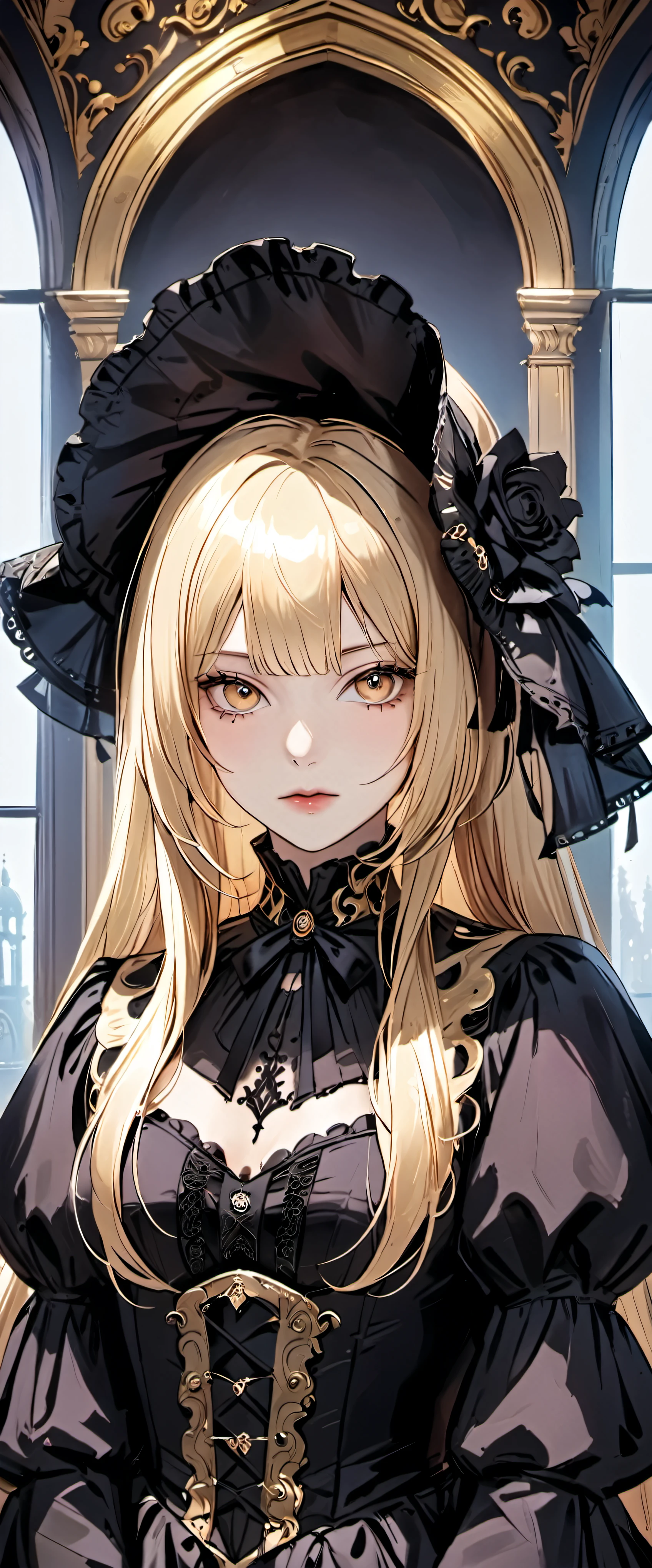 woman wearing dress and boots , baroque dress, Wearing an elaborate steampunk dress, elegant gothic princess, victorian gothic lolita fashion, historical baroque dress dark, black gothic lolita dress, fantasy style clothing, rococo dress, black rococo, fantasy costume, wearing a gothic dress, romantic dress, gothic dress,blonde,,(((upper body portrait)))
