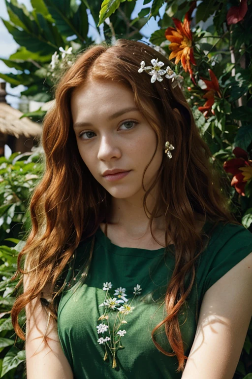 Caucasian female with green eyes, long wavy red hair, wearing a green leafy top, surrounded by colorful flowers in the background