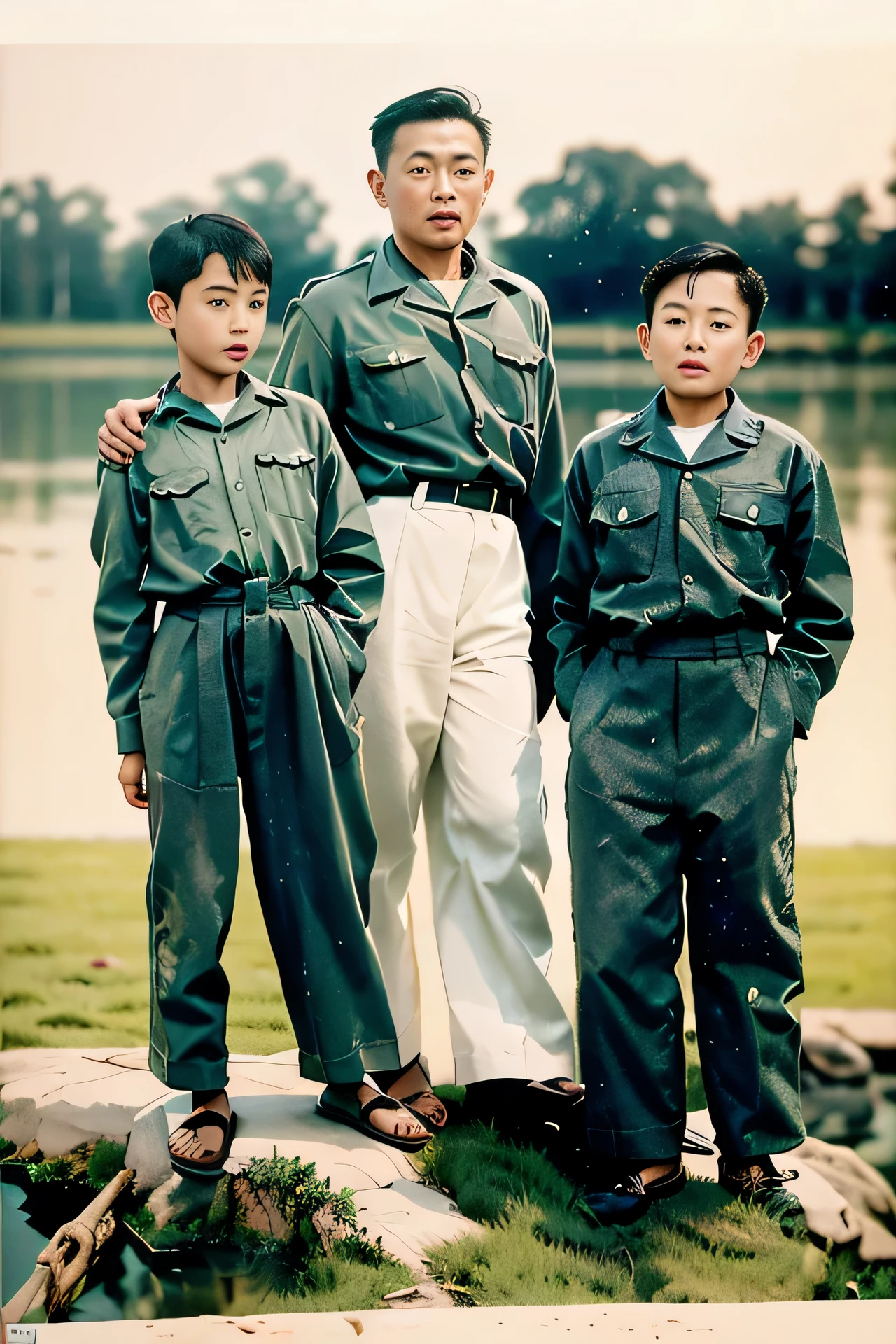 Highly realistic photo, ((masterpiece), (best quality), (raw photo), (photorealistic:1.4), photo of three young Asian boys standing next to each other, wearing uniforms from the early postwar period in Vietnam. They all wear uniforms with their hands on one another's shoulders. The background is blurred and features water or grass. Their expressions look friendly but serious. In some places there are scratches and stains on the photograph which adds an old feeling to it, photo taken by Sony A7IV