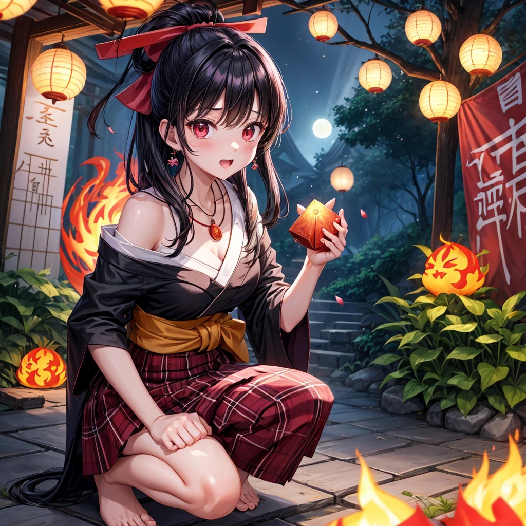 Pink-black hair、red eyes、one good looking girl、solo、anime、plaid mini skirt、black camisole、black t-shirt、kimono、wearing a ribbon、ribbon at waist、stone slabs are piled up、crystal earrings、jewelry necklace、Light and shadow、clock、universe、vine plant、petal、tilting one's face、teeth are visible、fire spirit、book of magic、Cube、bamboo forest、lava、Plum blossom、squatting down、Have a kokeshi、moonlight