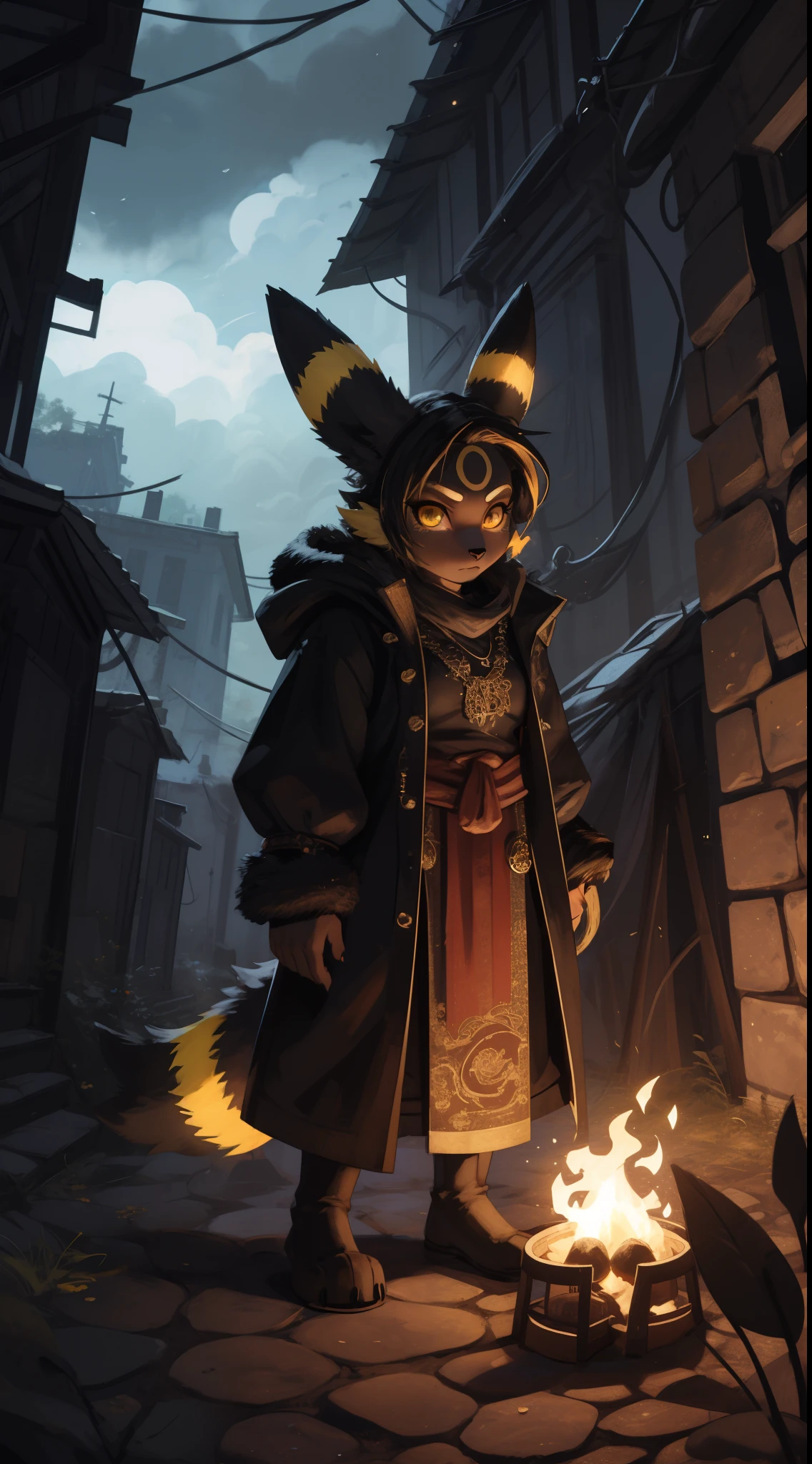 masterpiece, best quality, HD, ultra-detailed, vivid colors, Pokemon Umbreon, ((female, 1girl:1.5)), black Evee, Umbreon pokemon, Psychic pokemon, (furry:1.35), humanoid, humanization, anthropomorphic, on 2 legs, beautiful detailed yellow eyes, big yellow eyes, dark scary environment, scary color palette, ((black fur)), short black with yellow fluffy tail and ears, detailed black with yellow stripes hair color, beautiful short black with yellow stripes hair, ((black color cloth, cloth with mantle, fur coat:1.25)), yellow sparks floating around, scary pose, trying to scare, dark clouds in the sky