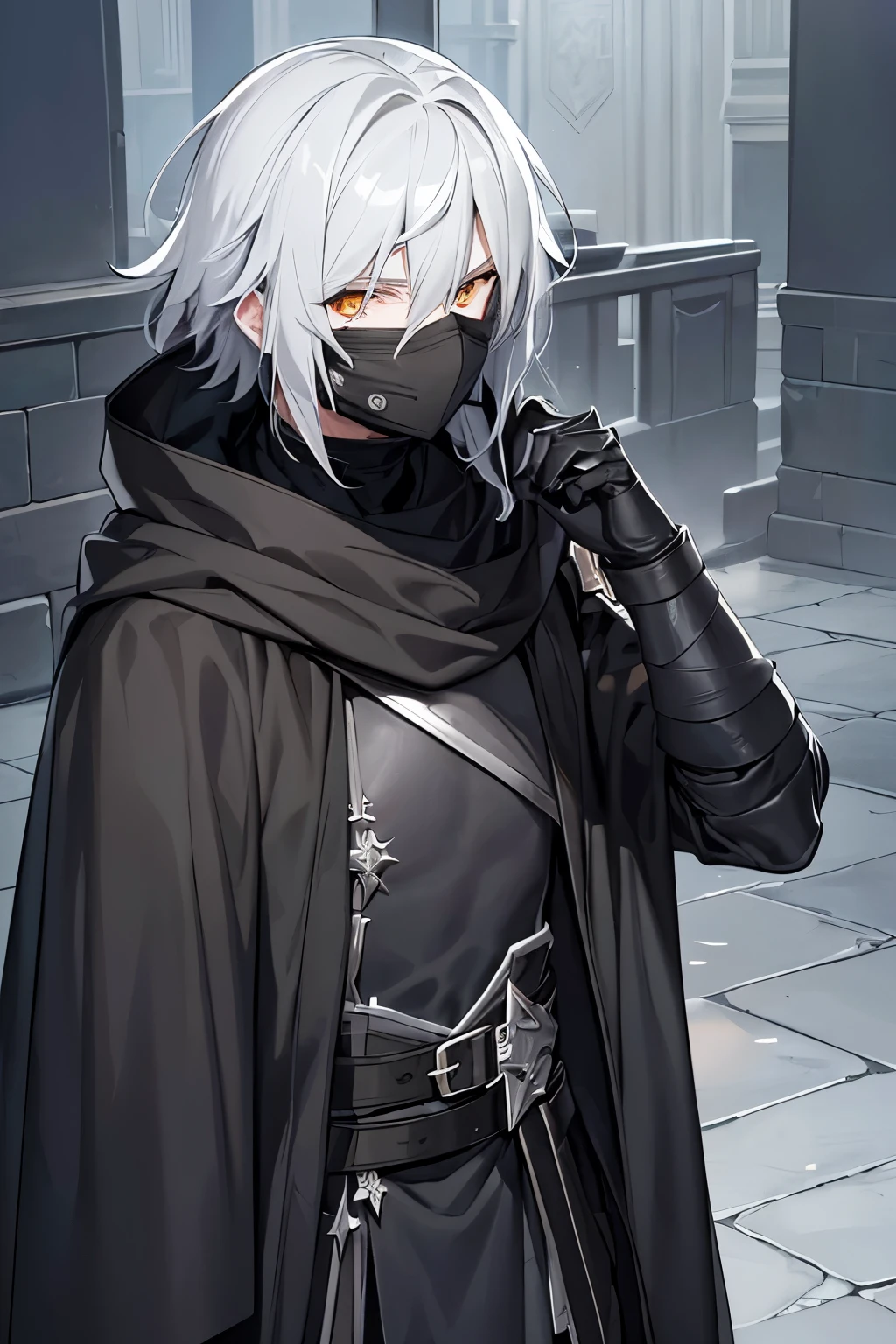 dark cloak, (male, boy, man, grey skin, grey hair, gray hair, silver hair, pale skin, gray skin), cat eyes, armor, dark armour, assasin, black clothes, black cloak, yellow eyes, predator eyes, black poncho, cloak over head, hidden guy, hidden in shadow, dark background, shadowborn, shadow guy, dark armor, bandages through body, bandages in hand, bandages on torso, bandages, bandages on chest, mask, mask on mouth, solo, masculine, adult man, hidden ears, cloaked, cloak