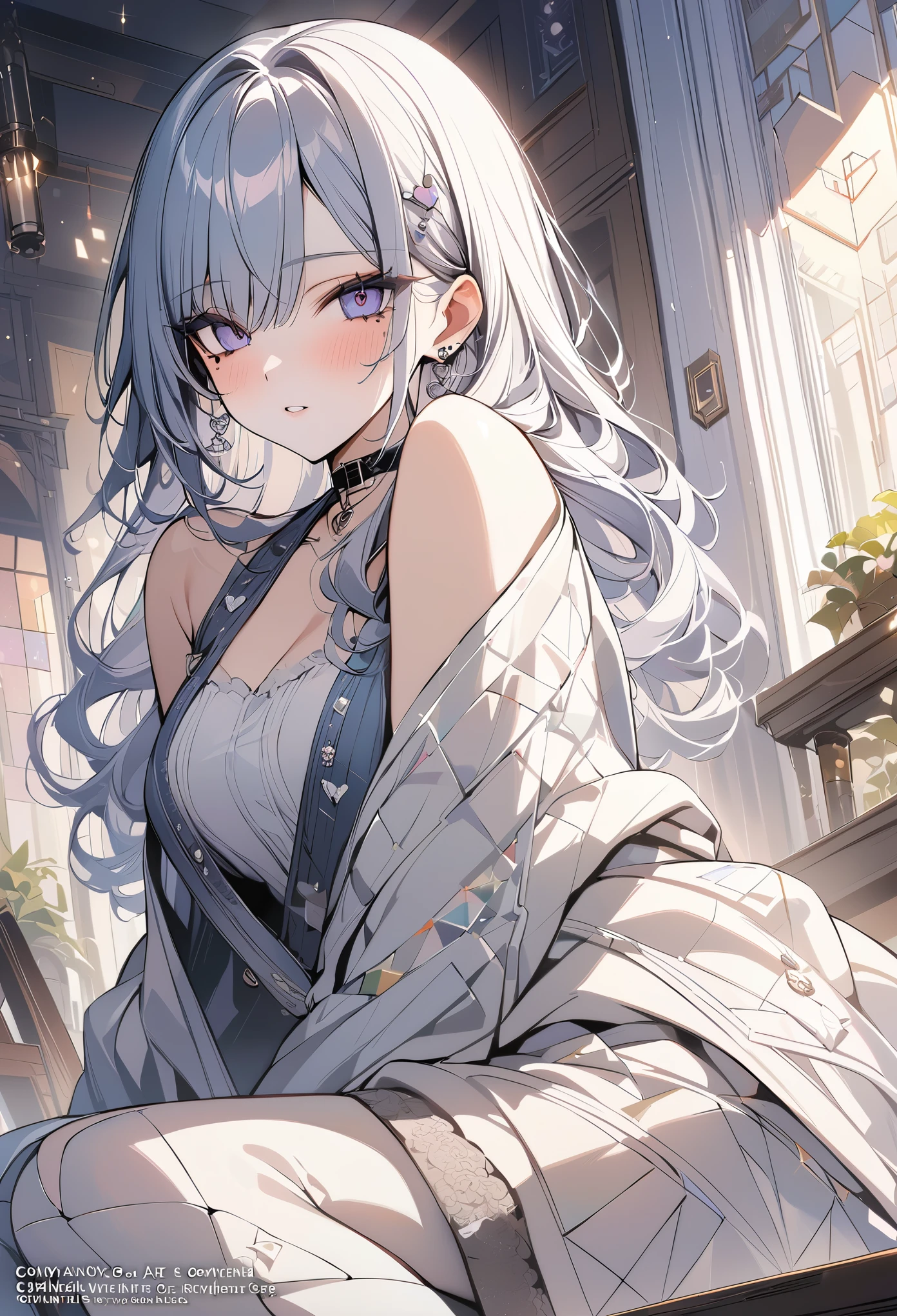 ,beautiful flower々),mole under eye, heart shaped choker, (masterpiece, highest quality), official art, beautiful and aesthetic: 1.2), (1 girl), very detailed, (geometry art: 1.3), colorful