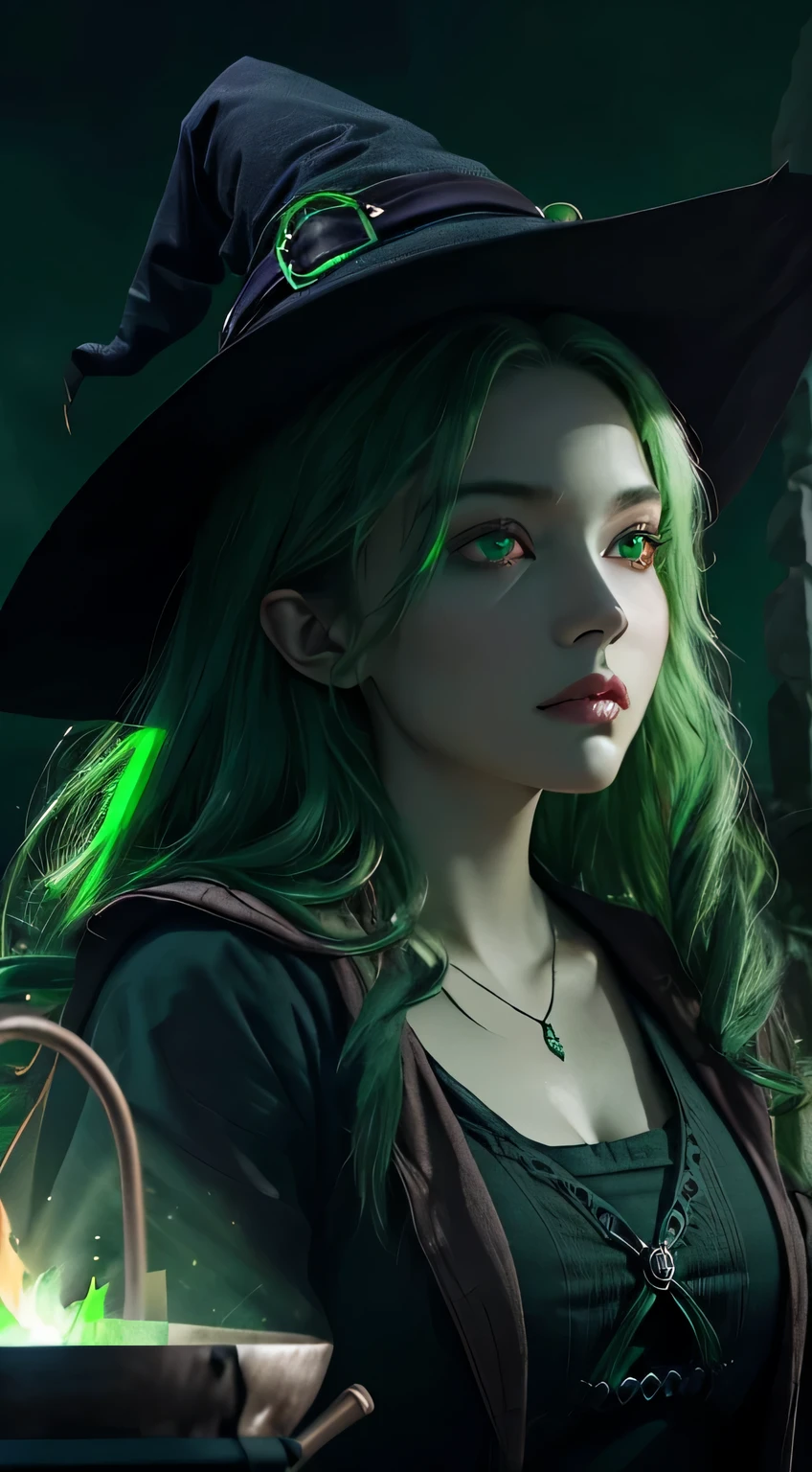 1 beautiful witch, intricate and beautiful design, highly detailed face, triangular face, natural makeup, green glowing eyes, shiny lips, (making poison with cauldron with green special effect, green spark above cauldron, at night), shadowy, eerie, dark, dramatic lighting, cinematic lighting, ultra-realistic, highest quality, super detailed