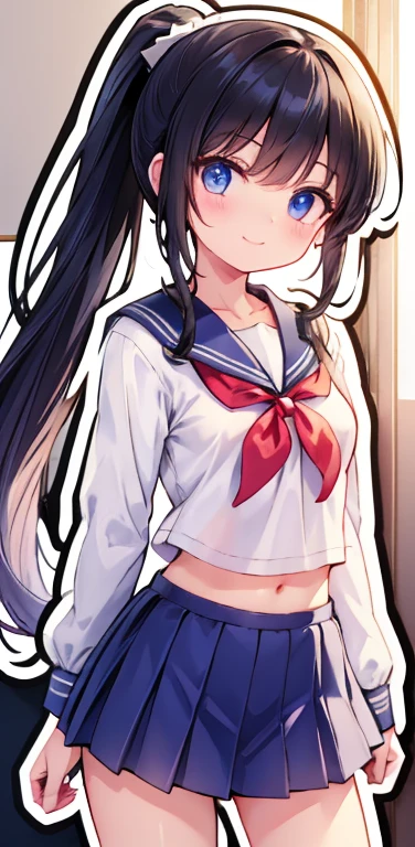 Realistic、1girl、black hair、blue eyes、open stance,(ponytail),(eye focus:1.3,cowboy shot),(gradient eyes:1.3), JK: 1.1,(sailor uniform
)、(light smile:1.3),cute face、,(tareme:1.3),(small breasts:1.3),