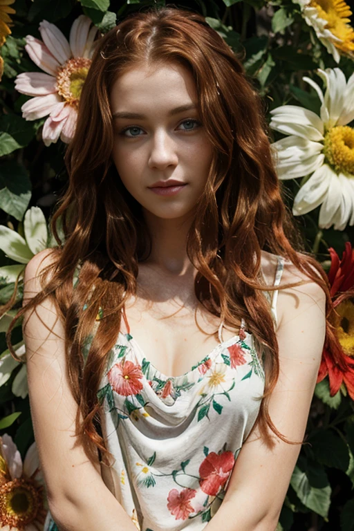 Caucasian female with green eyes, long wavy red hair, wearing a flowery top, surrounded by colorful flowers in the background