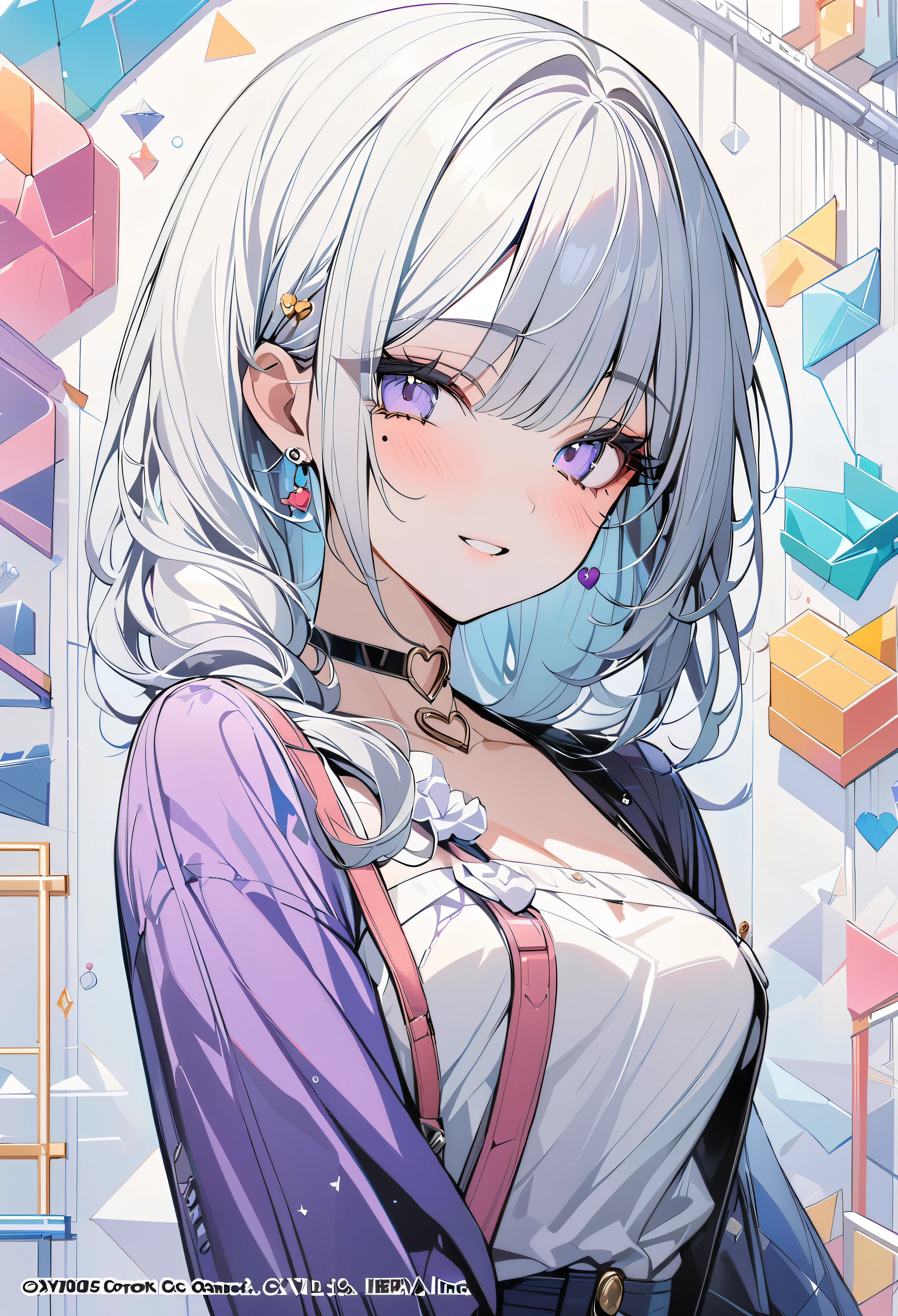 ,beautiful flower々),mole under eye, heart shaped choker, (masterpiece, highest quality), official art, beautiful and aesthetic: 1.2), (1 girl), very detailed, (geometry art: 1.3), colorful