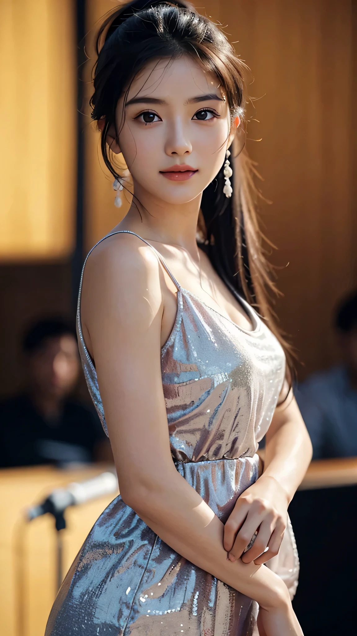 One woman,fully body photo,masutepiece, The highest image quality, High quality, the background is clear，Beautiful woman, Japanese, Detailed, Detailed eyes, Detailed skin, Beautiful skin, 超hight resolution, (reality: 1.4),Very beautiful woman, Slightly younger face, Beautiful skin, slender, (Ultra photo realsisim), (hight resolution), (8K), (Very detailed) (beautifully detailed eyes), (super detailed),   (Detailed face), view the viewer, Fine details, Detailed face, Staring straight ahead, Staring straight ahead, photos realistic, Bright lighting, Professional Lighting, Black hair,poneyTail,a baby face,sixteen years old,Hairstyle is ponytail,long ponytail hairstyle,smile,Orange colored long dress with lots of ruffles, softly shaped skirt,standing on stage,close up of face