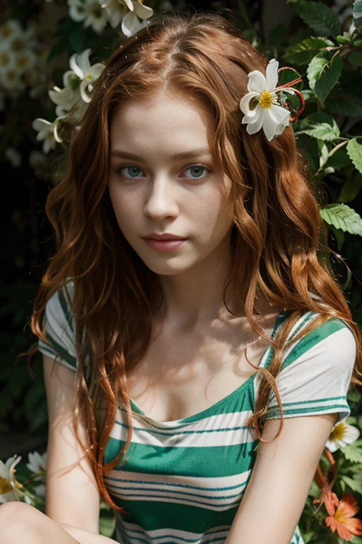 Caucasian female with green eyes, long wavy red hair, wearing a striped top, surrounded by colorful flowers in the background