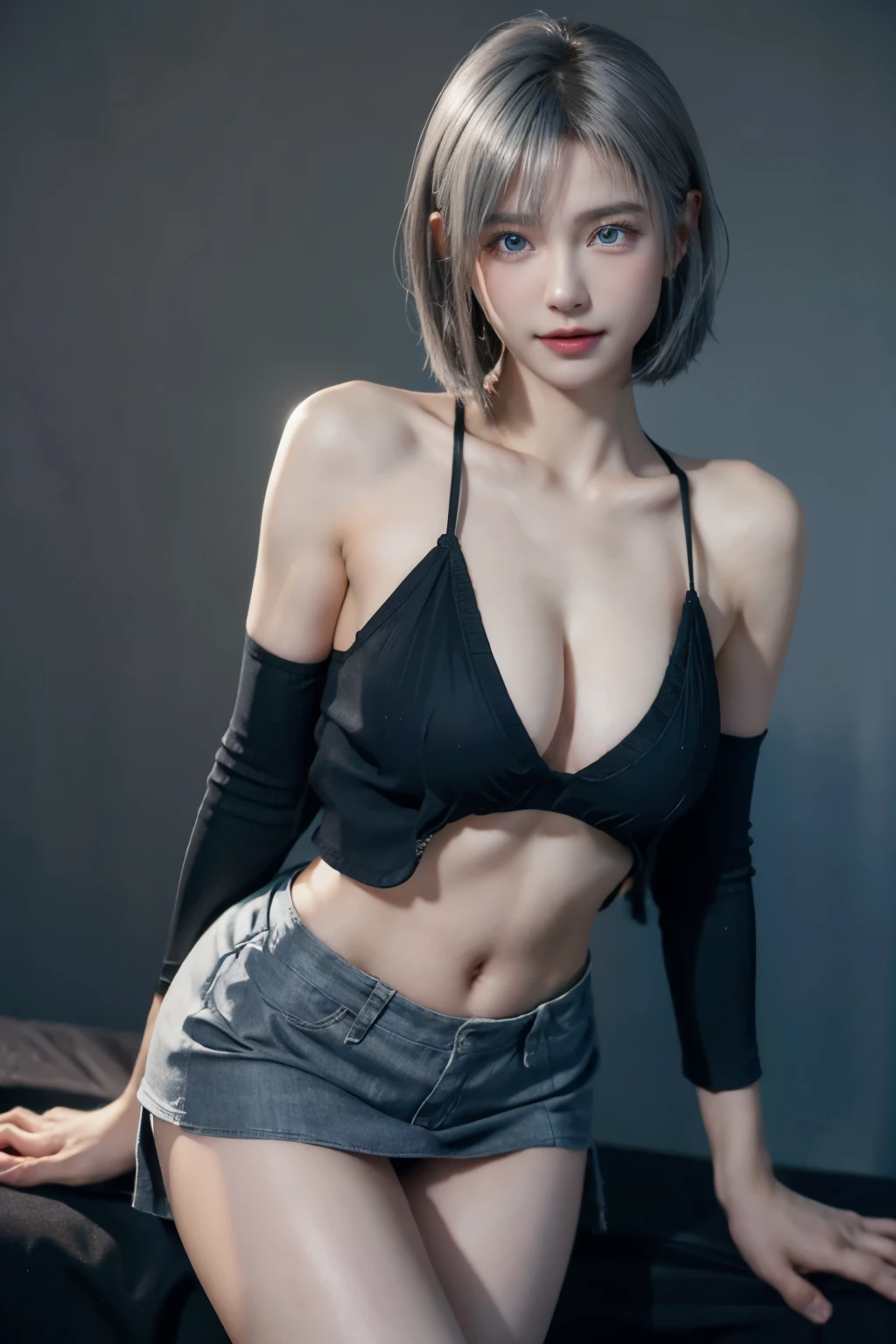 girl(She is wearing a black camisole and a black miniskirt.), (Raw photo, highest quality), (realistic:2.0) ,whole body,masterpiece, very delicate and beautiful, very detailed,, wonderful, finely, Super detailed, High resolution, soft light, 美しい詳細なgirl, beautifully detailed nose, detailed beautiful eyes,beautiful legs,big breasts,(looking at the viewer:1.4),(japanese idol:1.4),(silver short hair:1.4), (blue eyes:1.3),(laughter:1.2),random pose,random background