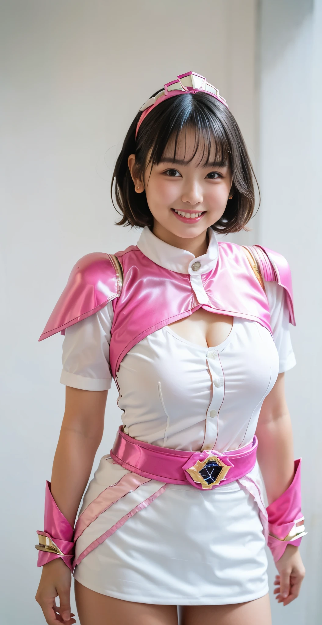 （8K、Raw photography、highest quality、masterpiece：1.2),(black haired、very short hair:1.8),(twin mitsu braid:1.4)、show viewer,Looking at the front,erotic,白いskin,(Wearing a shiny pink ranger costume:1.9)、()、(Clothing that emphasizes the shape of your chest、publish one&#39;skin:1.6)、(big breasts :1.4)、slim body shape、ultra high resolution,beautiful,beautiful fece,(alone、no background:1.9),whole bodyボディー,japanese woman,（Photoreal：1.37）、photon mapping,reality、(Baby-faced and cute: 1.0)、(cute smile: 1.7)、(With a round face: 1.7)、radio city、Physically based rendering、depth of field rally background、photograph, (I can see your knees,very short skirt、I can see white panties、close up of thighs:1.8),whole body、super fine