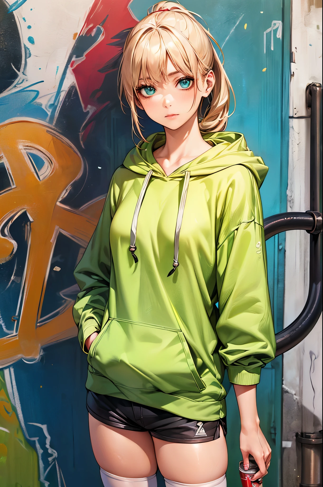 ((perfect anatomy:1.5,realistic,:1.3,RAW Photography:1.3,masterpiece、highest quality、Ultra - High resolution、High resolution、Highly detailed CG、8K)),cowboy shot,1 female,solo,20 year old beauty,(beautiful detailed face and eyes,big and gorgeous eyes),light green eyes,crying,(blonde hair,ponytail hair,long hair,bangs),(medium breasts,slender body,small head,skinny, gleaming skin,oily skin,shiny skin)、arms behind back,turn toward the viewer,((light green hooded sweatshirt,Oversized hooded sweatshirt,white_thighhighs,vagina,love juice)),(((POV hand:1.3))),(((Fingering another:1.3))),back alley、A deserted, deserted back alley,Graffiti art、Tokyo、
