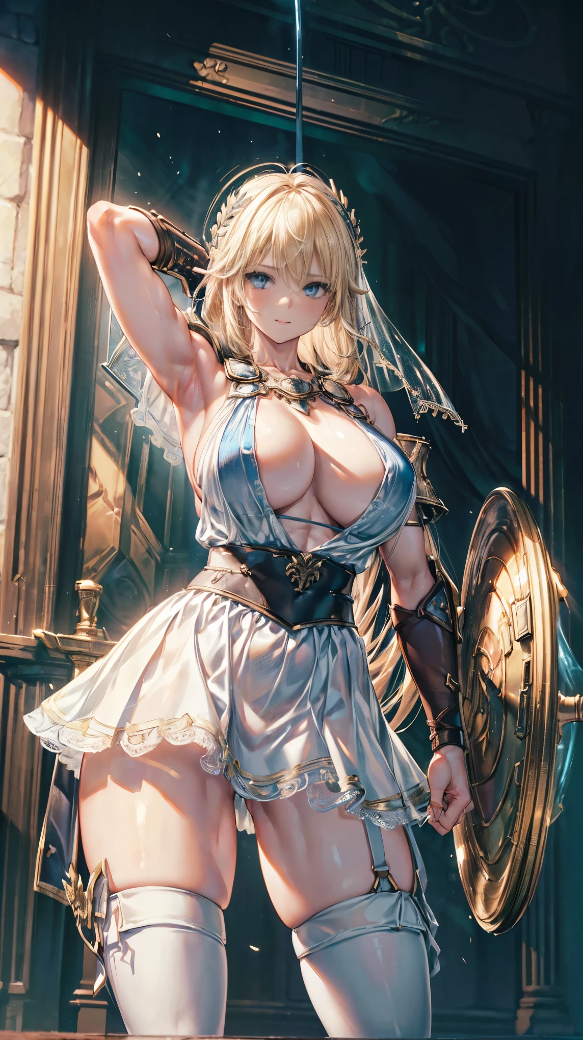 Super detailed、masterpiece、masterpiece、sensual, long blonde hair, thick thighs, 8K, 4k, highest quality, (High resolution:1.6), cute anime face, noise reduction, (shining blue eyes, gentle smile:1.5, Gentle ice star piece)、toned abdominal muscles, muscular arms, muscular legs,  young face, Sophitia Alexandra、(holding a sword in the right hand:1.5)、(Equipped with a shield on the left arm:1.5)、(SFW huge body:1.8)、knee high tights、beautiful hands、garter belt、small nose