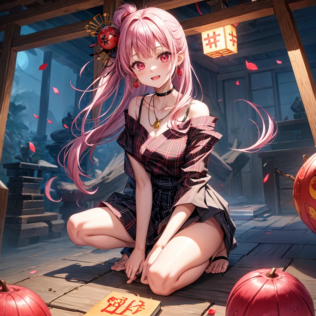 Pink-black hair、red eyes、one good looking girl、solo、anime、plaid mini skirt、black camisole、black t-shirt、kimono、wearing a ribbon、ribbon at waist、stone slabs are piled up、crystal earrings、jewelry necklace、Light and shadow、clock、universe、vine plant、petal、tilting one&#39;s face、teeth are visible、fire spirit、book of magic、Cube、bamboo forest、lava、Plum blossom、squatting down、Have a kokeshi、moonlight
