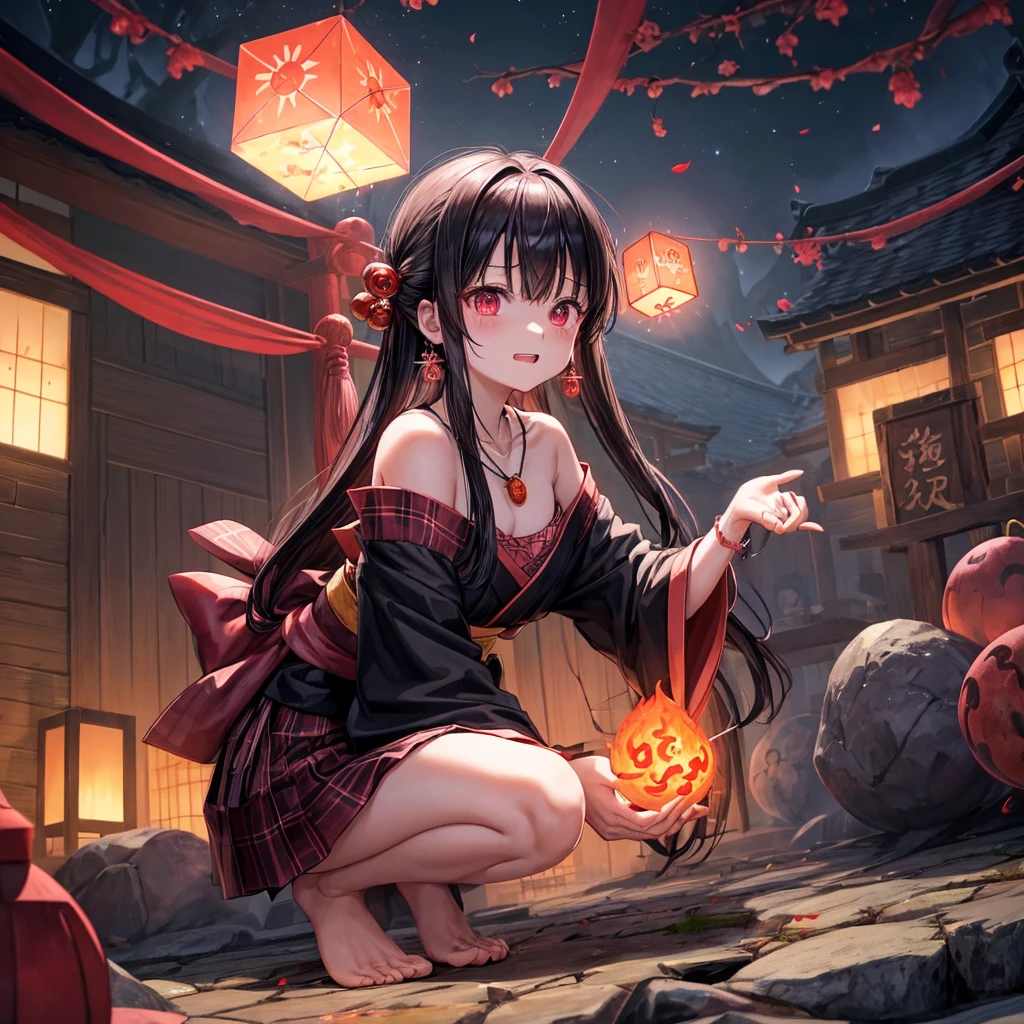 Pink-black hair、red eyes、one good looking girl、solo、anime、plaid mini skirt、black camisole、black t-shirt、kimono、wearing a ribbon、ribbon at waist、stone slabs are piled up、crystal earrings、jewelry necklace、Light and shadow、clock、universe、vine plant、petal、tilting one&#39;s face、teeth are visible、fire spirit、book of magic、Cube、bamboo forest、lava、Plum blossom、squatting down、Have a kokeshi、moonlight