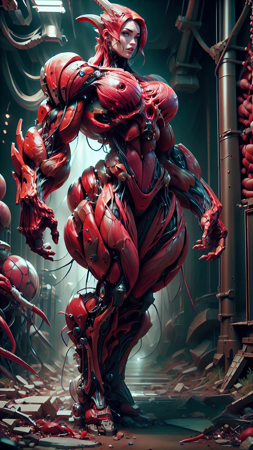 Cinematic, clear facial features and insanely detailed, the image captures the essence of (1 girl), (megan fox:1.25), (long red hair), (carnage skinless physique:1.25), (1 super muscular undead skinless succubus with gigantic horns:1.25), (covered in red necrotic rotting skinless muscle:1.25), (exposed muscles & veins everywhere:1.25), (perfect fingers:1.25) (full body pose:1.25). The color grading is beautifully done, enhancing the overall cinematic feel. Unreal Engine makes her appearance even more mesmerizing. With depth of field (DOF), every detail is focused and accentuated, drawing attention to her eyes and hair. Peak image resolution utilizing super-resolution technology ensures pixel perfection. Cinematic lighting enhances her aura, while anti-aliasing techniques like FXAA and TXAA keep the edges smooth and clean. Adding realism to the muscular bio-mecha succubus , RTX technology enables ray tracing. Additionally, SSAO (Screen Space Ambient Occlusion) gives depth and realism to the scene, the girl's presence even more convincing. In the post-processing and post-production stages, tone mapping enhances the colors, creating a captivating visual experience. The integration of CGI (Computer-Generated Imagery) and VFX (Visual Effects brings out her demonic features seamlessly . Incredible level of detail, with intricate elements meticulously crafted, the artwork hyper maximalist and hyper-realistic. Volumetric effects add depth and dimension, with unparalleled photorealism. 8k resolution rendering ensures super detailed visuals. The volumetric lighting adds a touch of magic, highlighting her beauty and aura in an otherworldly way. High Dynamic Range (HDR) tech makes the colors pop, adding richness to the overall composition. Ultimately, this artwork presents an unreal, yet stunningly real portrayal of an incredibly beautiful bio-mecha succubus girl. The sharp focus ensures that every feature is crisply defined, creating a captivating presence. (girl face:1.45)