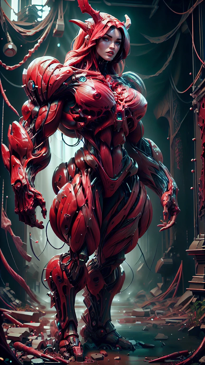 Cinematic, clear facial features and insanely detailed, the image captures the essence of (1 girl), (megan fox:1.25), (long red hair), (carnage skinless physique:1.25), (1 super muscular undead skinless succubus with gigantic horns:1.25), (covered in red necrotic rotting skinless muscle:1.25), (exposed muscles & veins everywhere:1.25), (perfect fingers:1.25) (full body pose:1.25). The color grading is beautifully done, enhancing the overall cinematic feel. Unreal Engine makes her appearance even more mesmerizing. With depth of field (DOF), every detail is focused and accentuated, drawing attention to her eyes and hair. Peak image resolution utilizing super-resolution technology ensures pixel perfection. Cinematic lighting enhances her aura, while anti-aliasing techniques like FXAA and TXAA keep the edges smooth and clean. Adding realism to the muscular bio-mecha succubus , RTX technology enables ray tracing. Additionally, SSAO (Screen Space Ambient Occlusion) gives depth and realism to the scene, the girl's presence even more convincing. In the post-processing and post-production stages, tone mapping enhances the colors, creating a captivating visual experience. The integration of CGI (Computer-Generated Imagery) and VFX (Visual Effects brings out her demonic features seamlessly . Incredible level of detail, with intricate elements meticulously crafted, the artwork hyper maximalist and hyper-realistic. Volumetric effects add depth and dimension, with unparalleled photorealism. 8k resolution rendering ensures super detailed visuals. The volumetric lighting adds a touch of magic, highlighting her beauty and aura in an otherworldly way. High Dynamic Range (HDR) tech makes the colors pop, adding richness to the overall composition. Ultimately, this artwork presents an unreal, yet stunningly real portrayal of an incredibly beautiful bio-mecha succubus girl. The sharp focus ensures that every feature is crisply defined, creating a captivating presence. (girl face:1.45)