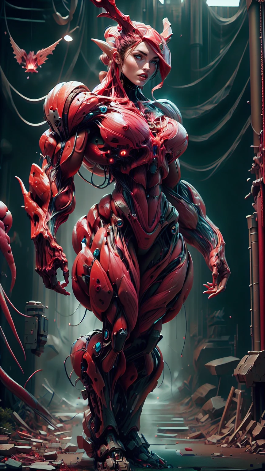 Cinematic, clear facial features and insanely detailed, the image captures the essence of (1 girl), (megan fox:1.25), (long red hair), (carnage skinless physique:1.25), (1 super muscular undead skinless succubus with gigantic horns:1.25), (covered in red necrotic rotting skinless muscle:1.25), (exposed muscles & veins everywhere:1.25), (perfect fingers:1.25) (full body pose:1.25). The color grading is beautifully done, enhancing the overall cinematic feel. Unreal Engine makes her appearance even more mesmerizing. With depth of field (DOF), every detail is focused and accentuated, drawing attention to her eyes and hair. Peak image resolution utilizing super-resolution technology ensures pixel perfection. Cinematic lighting enhances her aura, while anti-aliasing techniques like FXAA and TXAA keep the edges smooth and clean. Adding realism to the muscular bio-mecha succubus , RTX technology enables ray tracing. Additionally, SSAO (Screen Space Ambient Occlusion) gives depth and realism to the scene, the girl's presence even more convincing. In the post-processing and post-production stages, tone mapping enhances the colors, creating a captivating visual experience. The integration of CGI (Computer-Generated Imagery) and VFX (Visual Effects brings out her demonic features seamlessly . Incredible level of detail, with intricate elements meticulously crafted, the artwork hyper maximalist and hyper-realistic. Volumetric effects add depth and dimension, with unparalleled photorealism. 8k resolution rendering ensures super detailed visuals. The volumetric lighting adds a touch of magic, highlighting her beauty and aura in an otherworldly way. High Dynamic Range (HDR) tech makes the colors pop, adding richness to the overall composition. Ultimately, this artwork presents an unreal, yet stunningly real portrayal of an incredibly beautiful bio-mecha succubus girl. The sharp focus ensures that every feature is crisply defined, creating a captivating presence. (girl face:1.45)