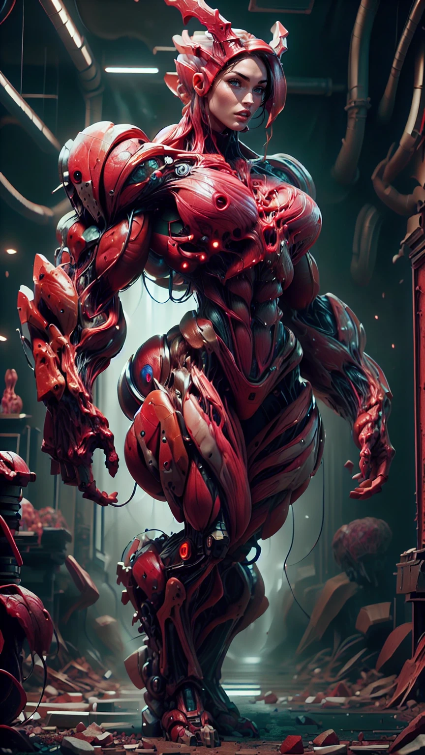 Cinematic, clear facial features and insanely detailed, the image captures the essence of (1 girl), (megan fox:1.25), (long red hair), (carnage skinless physique:1.25), (1 super muscular undead skinless succubus with gigantic horns:1.25), (covered in red necrotic rotting skinless muscle:1.25), (exposed muscles & veins everywhere:1.25), (perfect fingers:1.25) (full body pose:1.25). The color grading is beautifully done, enhancing the overall cinematic feel. Unreal Engine makes her appearance even more mesmerizing. With depth of field (DOF), every detail is focused and accentuated, drawing attention to her eyes and hair. Peak image resolution utilizing super-resolution technology ensures pixel perfection. Cinematic lighting enhances her aura, while anti-aliasing techniques like FXAA and TXAA keep the edges smooth and clean. Adding realism to the muscular bio-mecha succubus , RTX technology enables ray tracing. Additionally, SSAO (Screen Space Ambient Occlusion) gives depth and realism to the scene, the girl's presence even more convincing. In the post-processing and post-production stages, tone mapping enhances the colors, creating a captivating visual experience. The integration of CGI (Computer-Generated Imagery) and VFX (Visual Effects brings out her demonic features seamlessly . Incredible level of detail, with intricate elements meticulously crafted, the artwork hyper maximalist and hyper-realistic. Volumetric effects add depth and dimension, with unparalleled photorealism. 8k resolution rendering ensures super detailed visuals. The volumetric lighting adds a touch of magic, highlighting her beauty and aura in an otherworldly way. High Dynamic Range (HDR) tech makes the colors pop, adding richness to the overall composition. Ultimately, this artwork presents an unreal, yet stunningly real portrayal of an incredibly beautiful bio-mecha succubus girl. The sharp focus ensures that every feature is crisply defined, creating a captivating presence. (girl face:1.45)