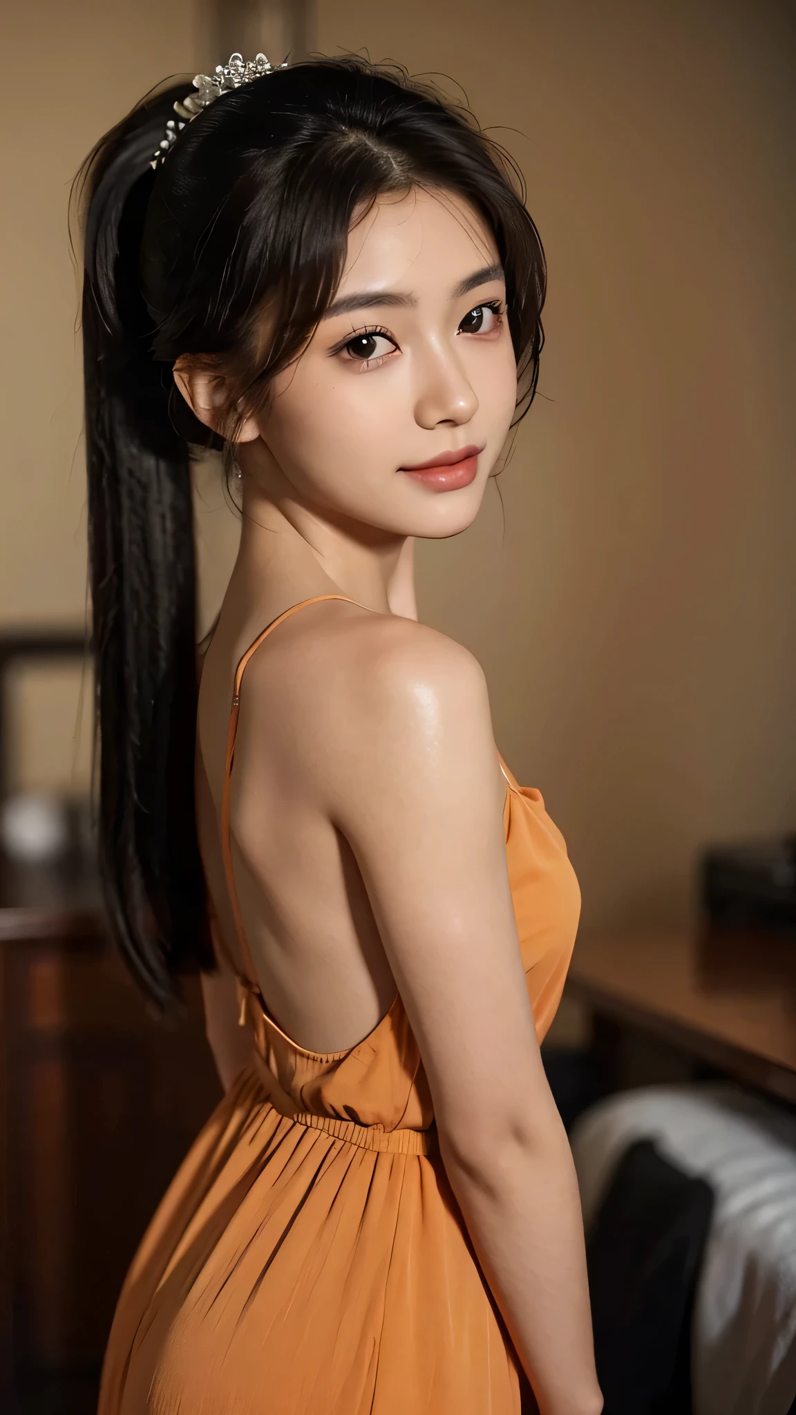 One woman,fully body photo,masutepiece, The highest image quality, High quality, the background is clear,Beautiful woman, Japanese, Detailed, Detailed eyes, Detailed skin, Beautiful skin, 超hight resolution, (reality: 1.4),Very beautiful woman, Slightly younger face, Beautiful skin, slender, (Ultra photo realsisim), (hight resolution), (8K), (Very detailed) (beautifully detailed eyes), (super detailed), (Detailed face), view the viewer, Fine details, Detailed face, Staring straight ahead, Staring straight ahead, photos realistic, Bright lighting, Professional Lighting, Black hair,poneyTail,a ,sixteen ye is ponytail,long ponytail hairstyle,smile,Orange colored long dress with lots of ruffles, softly shaped skirt,Live venue,close up of face