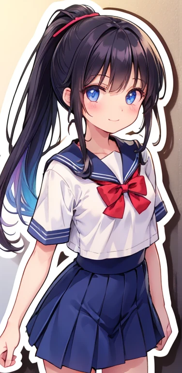 Realistic、1girl、black hair、blue eyes、open stance,(ponytail),(eye focus:1.3,cowboy shot),(gradient eyes:1.3), JK: 1.1,(sailor uniform
)、(light smile:1.3),cute face、,(tareme:1.3),(small breasts:1.3),