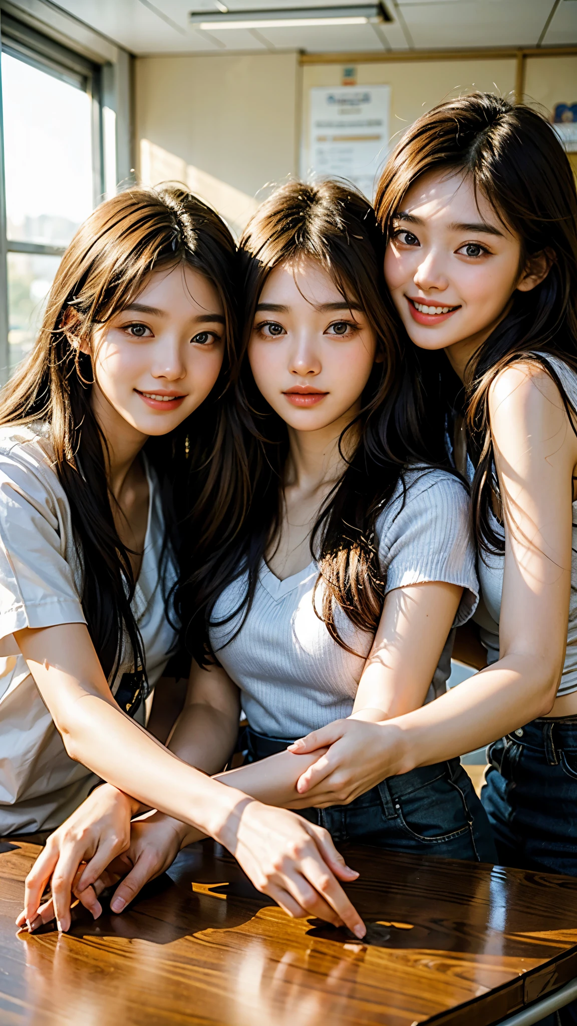 highest quality, masterpiece, ultra high resolution, (realistic:1.4),Korean High School Students,3 girls,18-year-old,High ,A classroom with desks lined up,Three people smiling side by side in the classroom,I'm showing my teeth and smiling,The three of us face each other,Commemorative photo,Raw photo,detailed face,beautiful skin,Long and beautiful hair,bright lighting,realistic classroom,