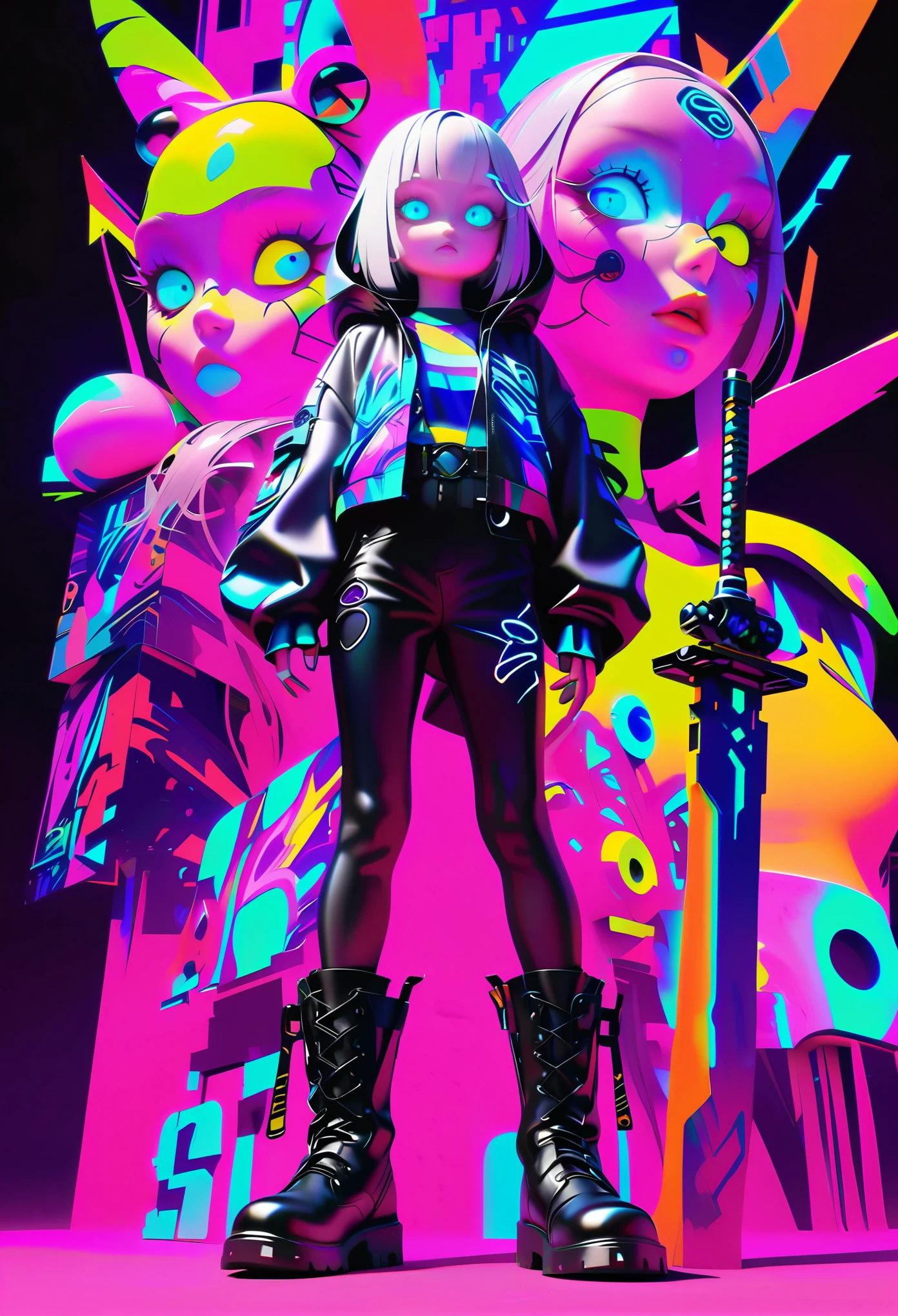 Style 3,Style 7,white hair,elder sister,Cyberpunk style gray hooded jacket,leather boots,Thermal Samurai Sword,Bandage underwear,Mechanical face line,Dark blue overall,Cool colors