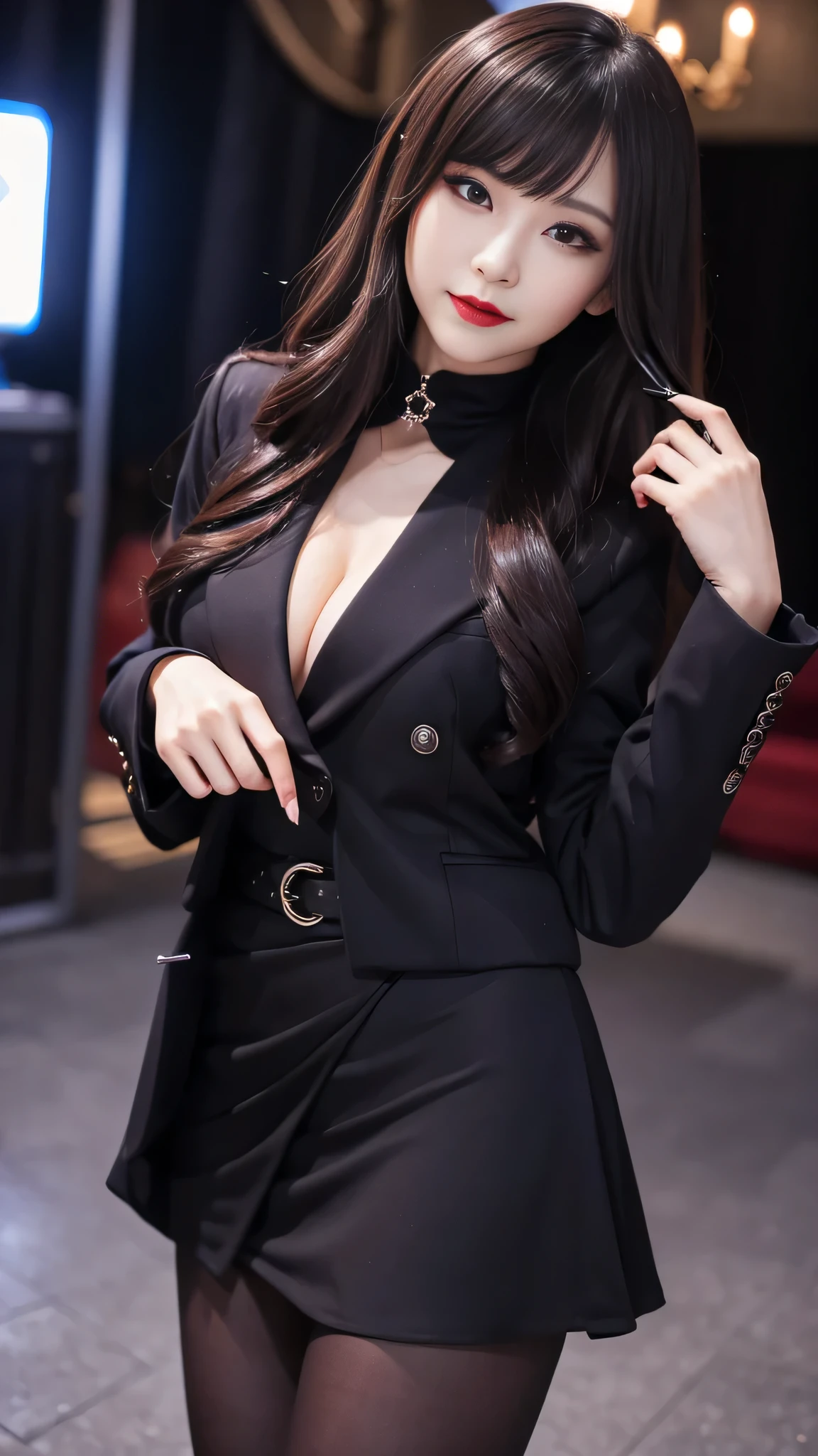 Super detailed、Japanese、charming beauty、seductive adult woman、Beautiful woman、sharp eyes、cool girl、wavy hair、flowing bangs、suit、Jacket、blouse、Tight Skirt、pantyhose、beautiful feet、evilの幹部、evil depravity、brainwashing、Mind control、lipstick、grin、evilな表情、evil、empty eyes、evil、church at night、vampire、Succubus、vampire、makeup brush