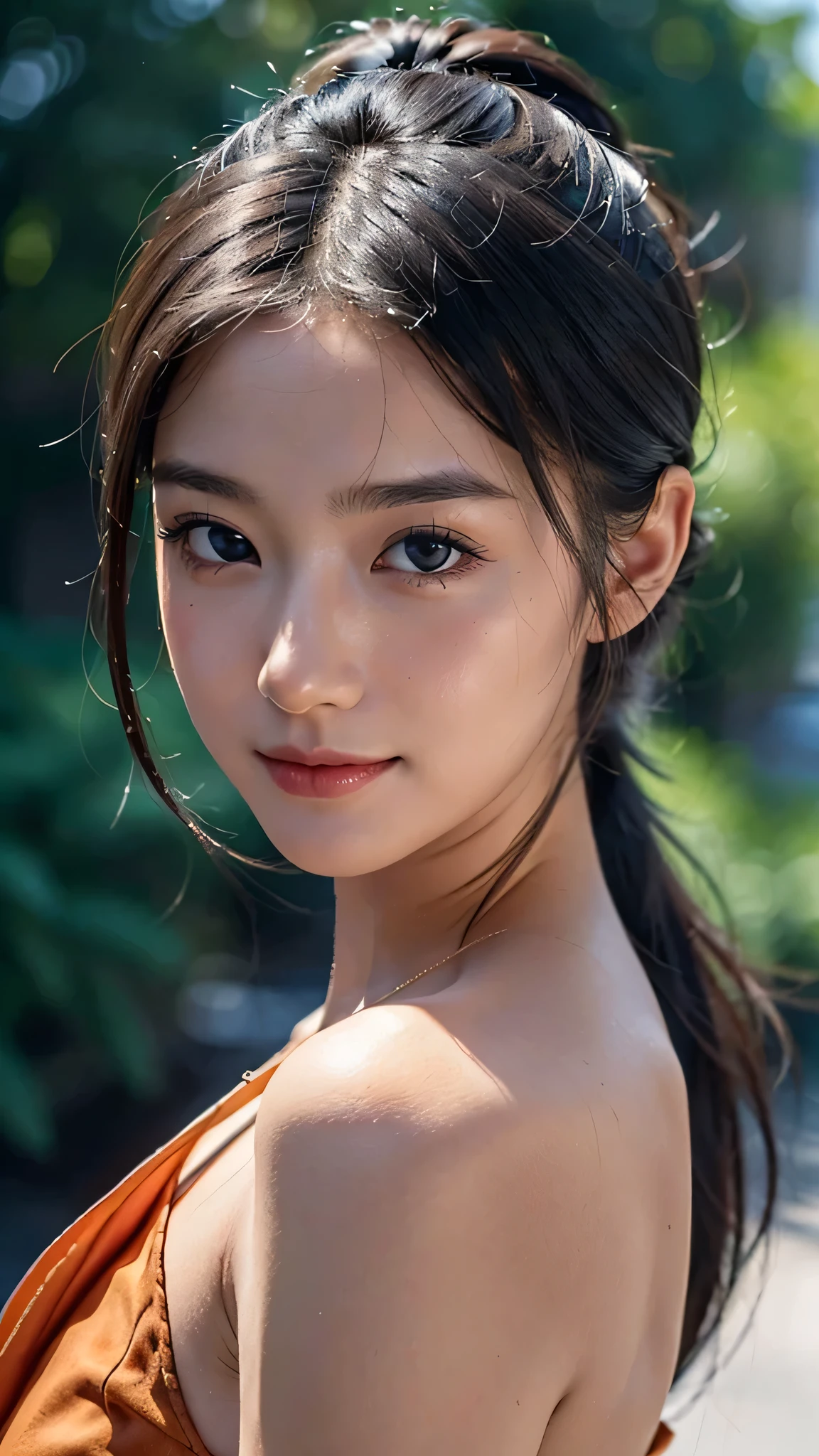 One woman,fully body photo,masutepiece, The highest image quality, High quality, the background is clear，Beautiful woman, Japanese, Detailed, Detailed eyes, Detailed skin, Beautiful skin, 超hight resolution, (reality: 1.4),Very beautiful woman, Slightly younger face, Beautiful skin, slender, (Ultra photo realsisim), (hight resolution), (8K), (Very detailed) (beautifully detailed eyes), (super detailed),   (Detailed face), view the viewer, Fine details, Detailed face, Staring straight ahead, Staring straight ahead, photos realistic, Bright lighting, Professional Lighting, Black hair,poneyTail,a baby face,sixteen years old,Hairstyle is ponytail,long ponytail hairstyle,smile,Orange colored long dress with lots of ruffles, softly shaped skirt,Live venue,close up of face